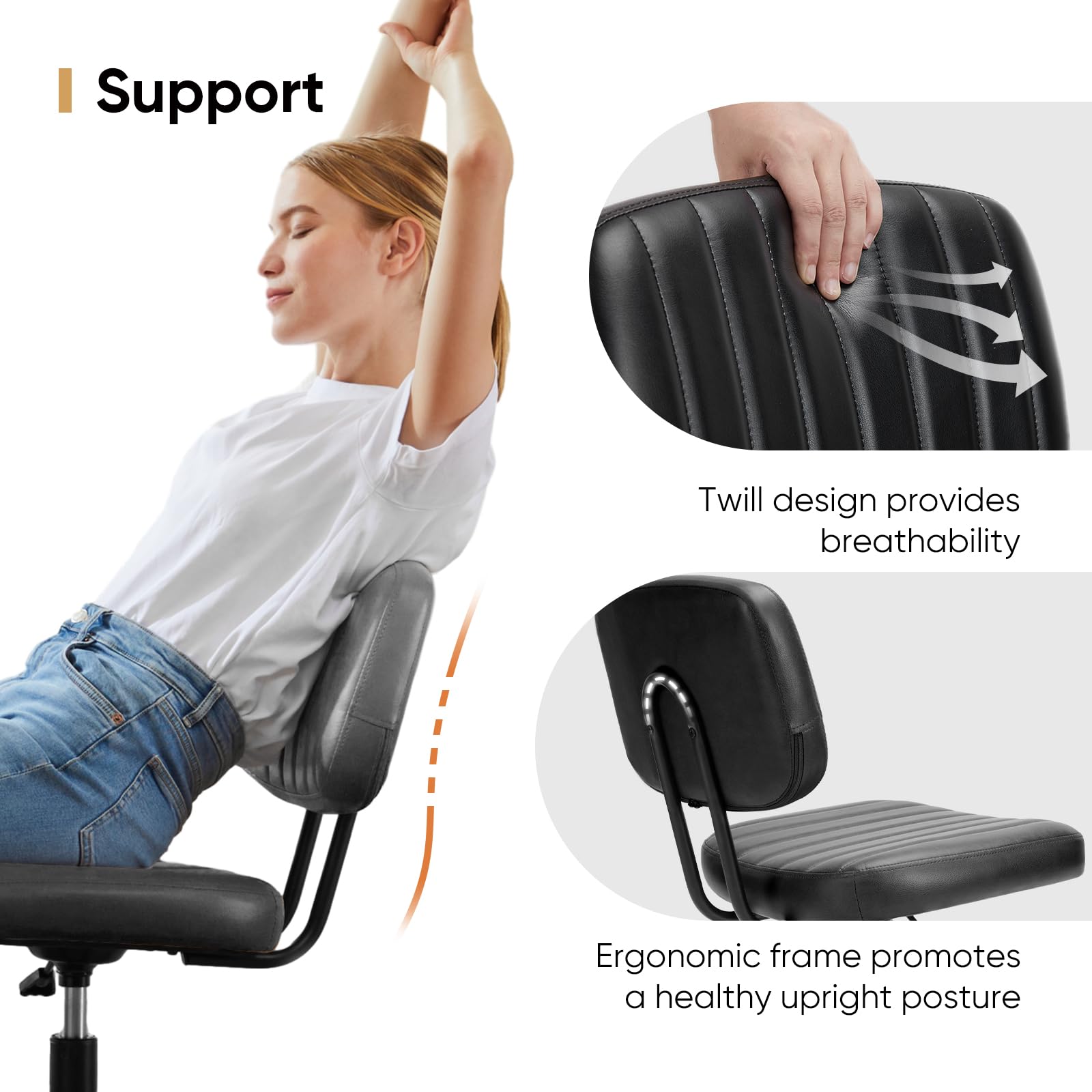 DUMOS Small Armless Home Desk Chair with Low Back Lumbar Support Height Adjustable PU Leather Computer Task Chair — view 5