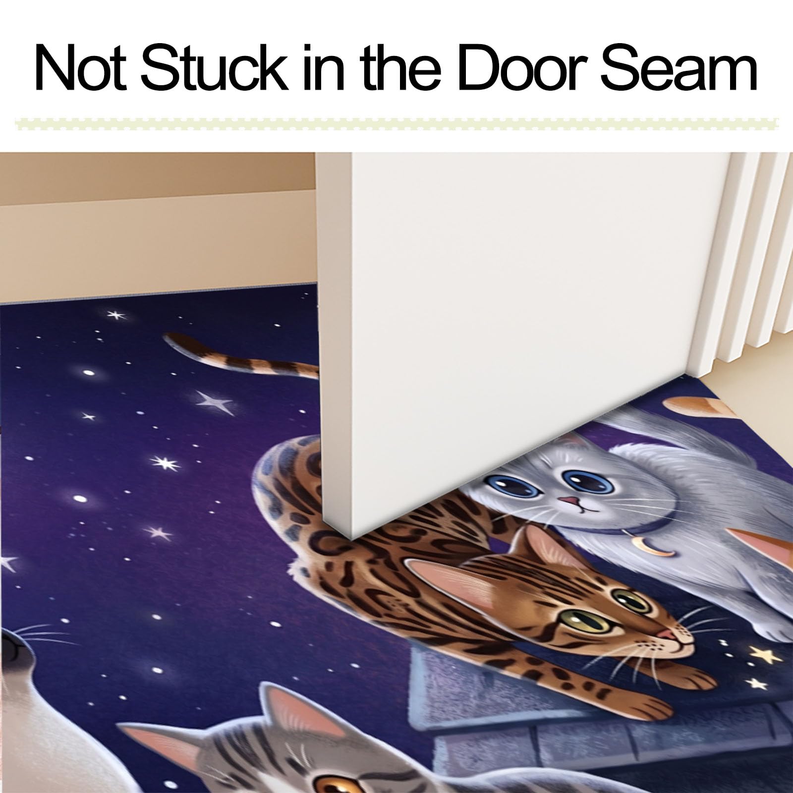 90X150Cm Zerbino Ingresso Interno Antiscivolo Assorbente, Tappeto Microfibra Sottile Lavabile Con Animali Sognanti Nel Cielo Stellato Gatti Carini Che Giocano Per Cucina Bagno Porta Animali, Viola