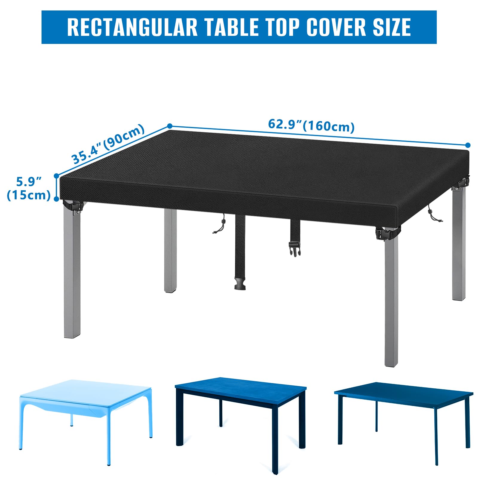 SIRUITON 160x90x15cm Black Garden Table Covers, 420D Oxford Fabric Patio Table Top Cover Set - Image 2