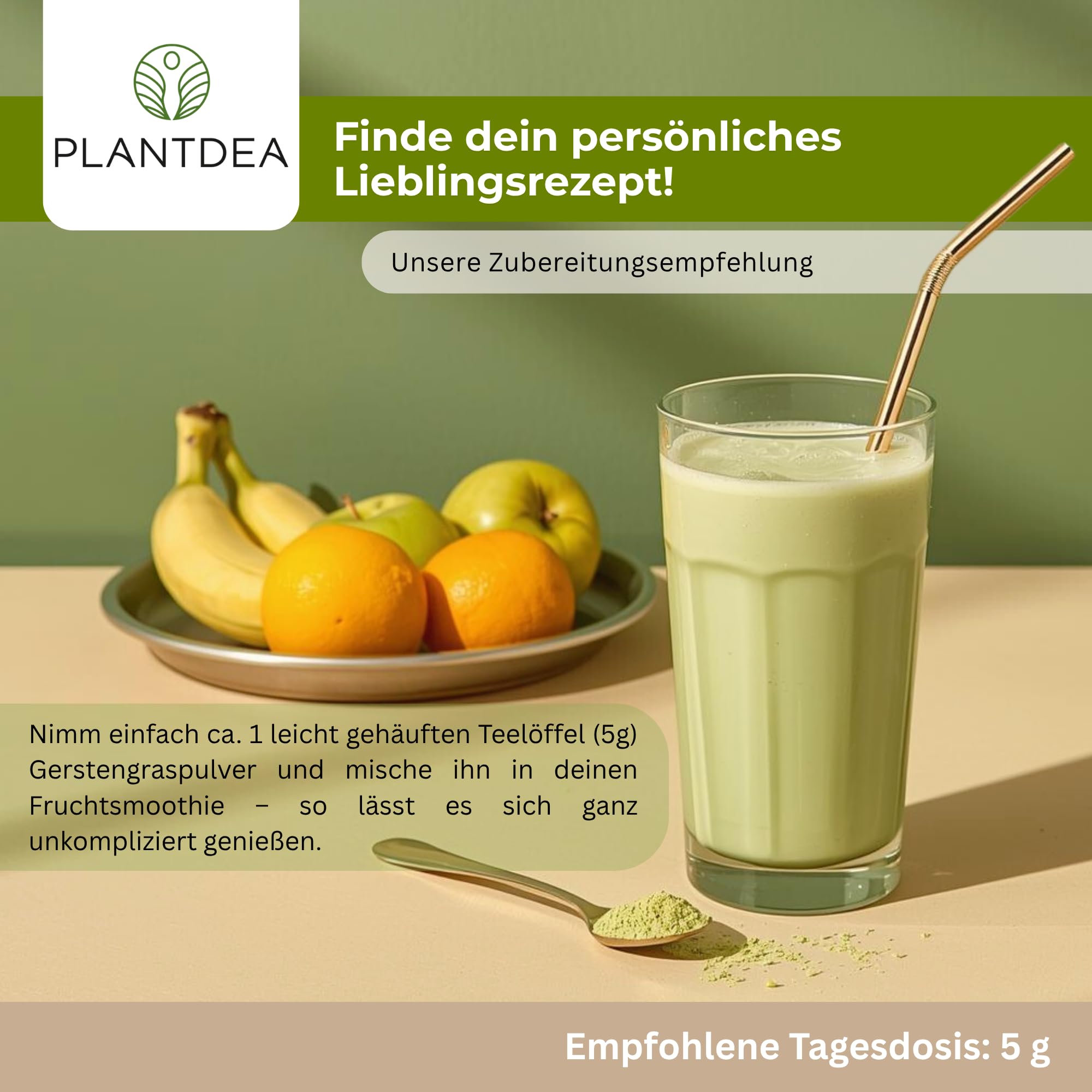 PlantDEA Bio Gerstengraspulver 1 kg – junges Gerstengras, fein vermahlen, vegan & glutenfrei – ideal für Smoothies, Säfte & Shakes – Rohkostqualität – ohne Zusätze