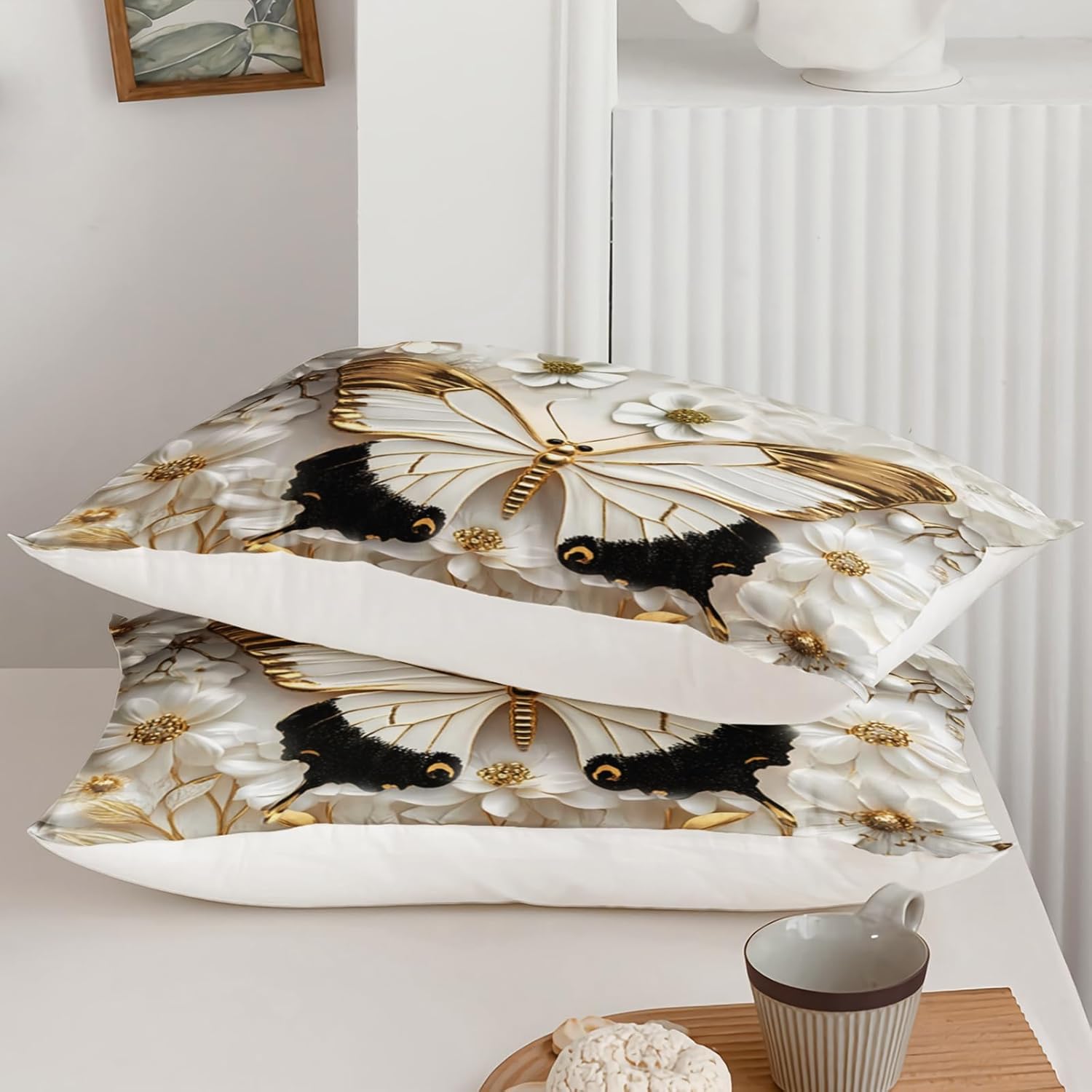 AILONEN Black and White Butterfly Duvet Cover Set Full Size,Gold Flower Butterfly Bedding Set for Kids Girls Women,3-Piece Soft Quilt Cover with 2 Pillowcases