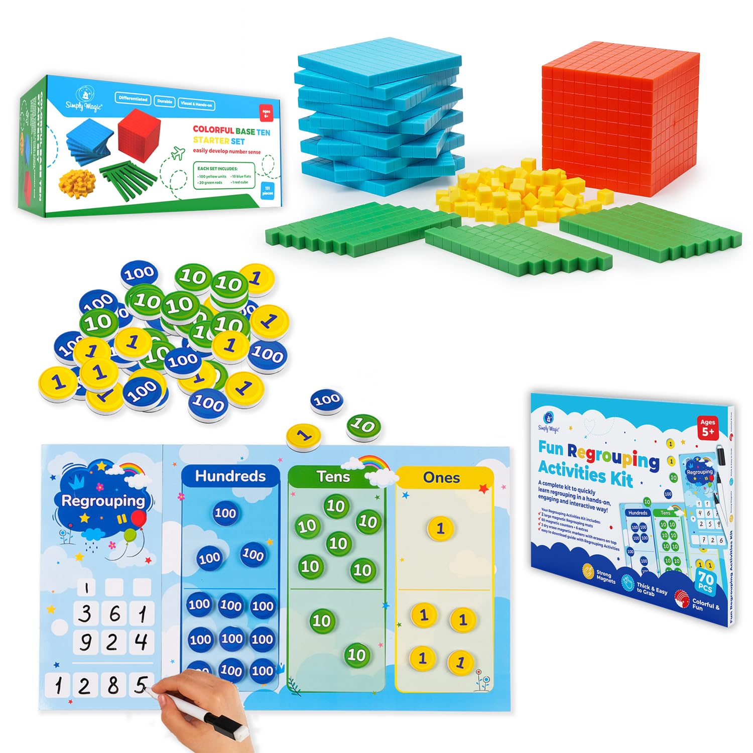 Simply magic 131 PCS Base Ten Blocks & 70 PCS Magnetic Regrouping Activities Kit for Math