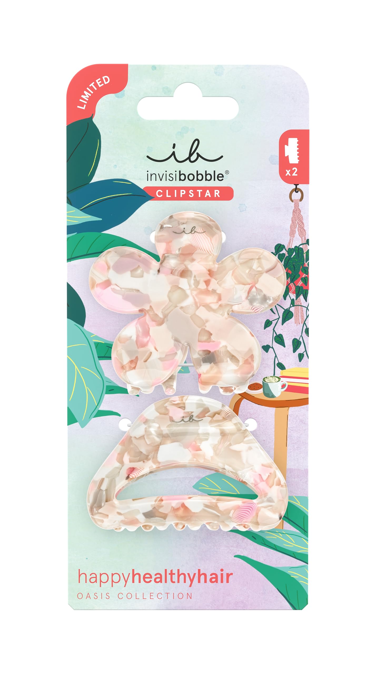 invisibobble - CLIPSTAR M Oasis Refreshed Bloom – 2-częściowy zestaw spinek do włosów – 1 x kształt kwiatu i 1 x klasyczne wzornictwo w delikatnych odcieniach beżu i różu – modny wygląd, bezpieczne