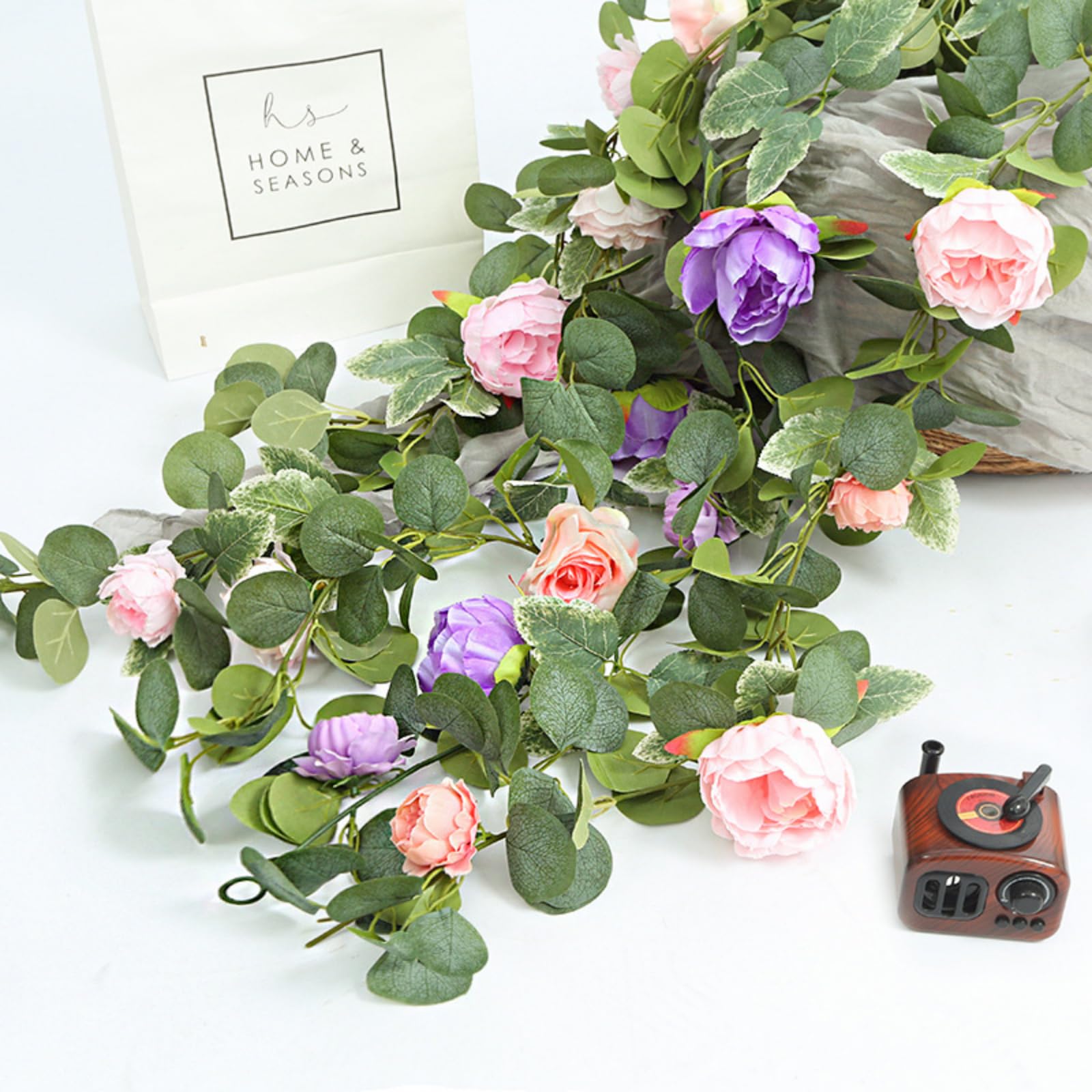 Eukalyptus Seiden Rosen Pfingstrosen Girlande Deko, Blumengirlande Eukalyptus Girlande Vintage Gefälschte Blume Pfingstrose Für Klimaanlage Decke Wohnzimmer Hochzeit Feste (Weiß,3 Stück)