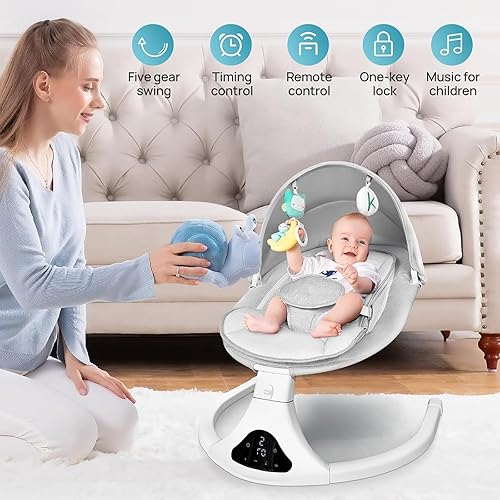 Miniatura 10 de Columpio portátil para bebés, columpio eléctrico para recién nacido con control remoto para bebés con 5 velocidades de balanceo, 12 música
