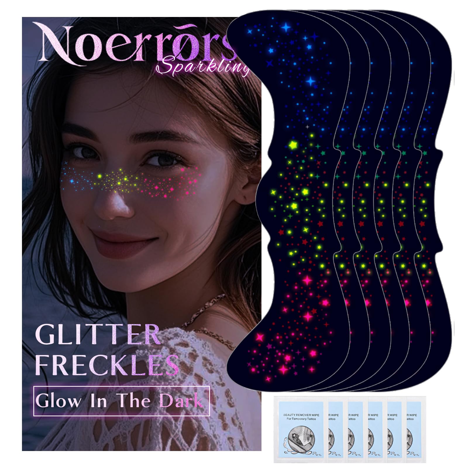 Noerrors 6pcs Glow in the Dark Rainbow Freckles Face Tattoo Sticker