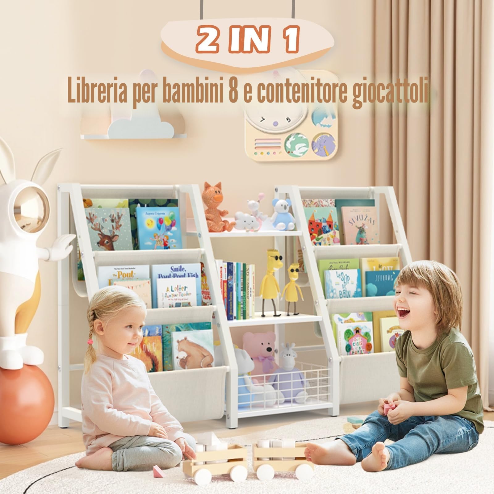 BORISI Libreria Montessori per Bambini, Scaffale per Giocattoli con 6 Scomparti, Porta Libri Bambini, Organizer per Cameretta e Sala Giochi, 124x30x75 cm, Bianco
