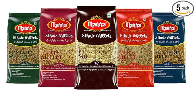 Manna Millets 2.5Kg Combo Pack of 5 (With Browntop) | Natural Grains Unpolished Millets | Siridhanya | Browntop 500g, Little 500g, Kodo 500g, Foxtail 500g, Barnyard 500g | Low GI Rice | Nutrient Powerhouse, High Protein & More Fibre than Rice