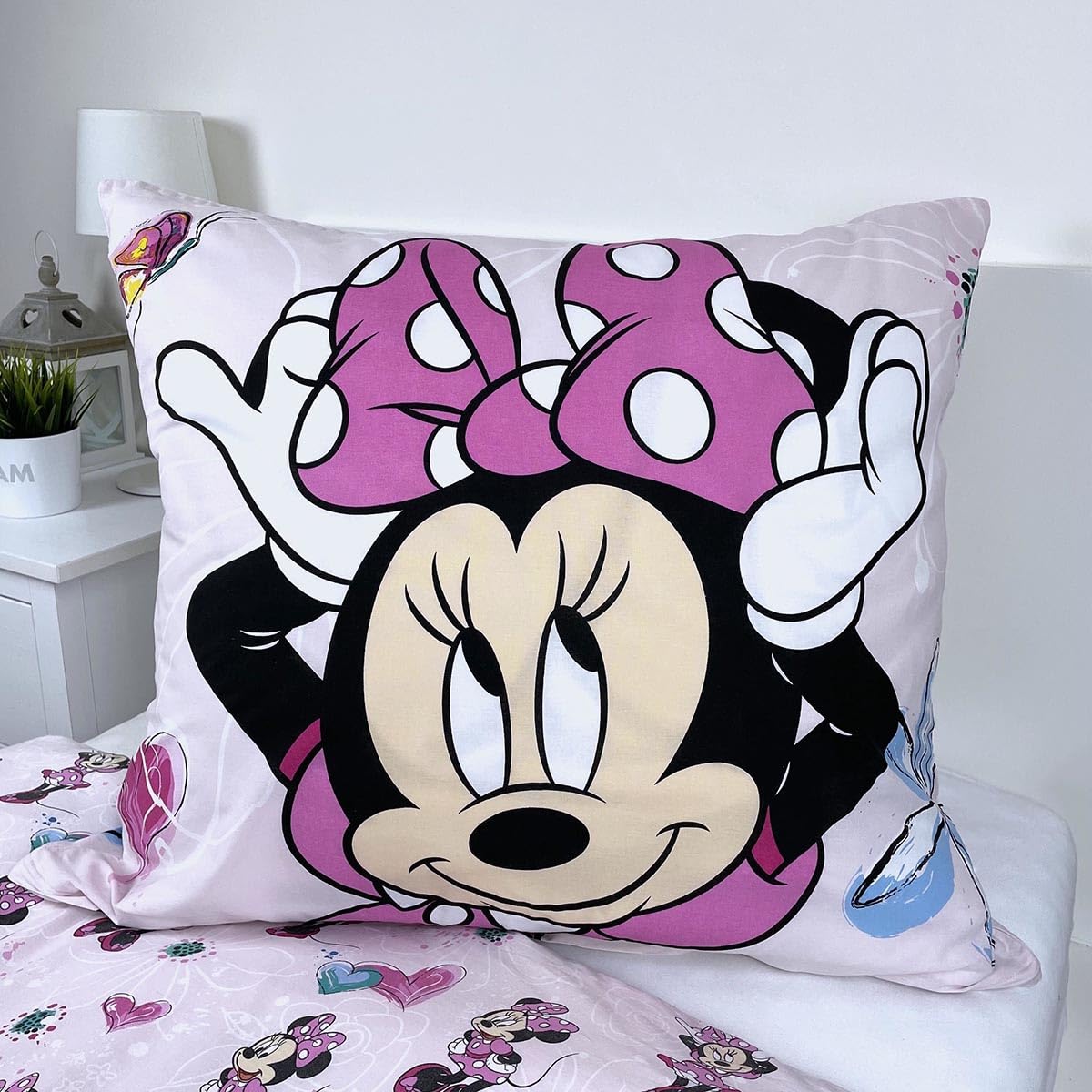 Disney - Juego de cama infantil de Minnie Mouse con corazones y flores rosas, funda nórdica de 160 x 200 cm + almohada de 70 x 80 cm, 100% algodón