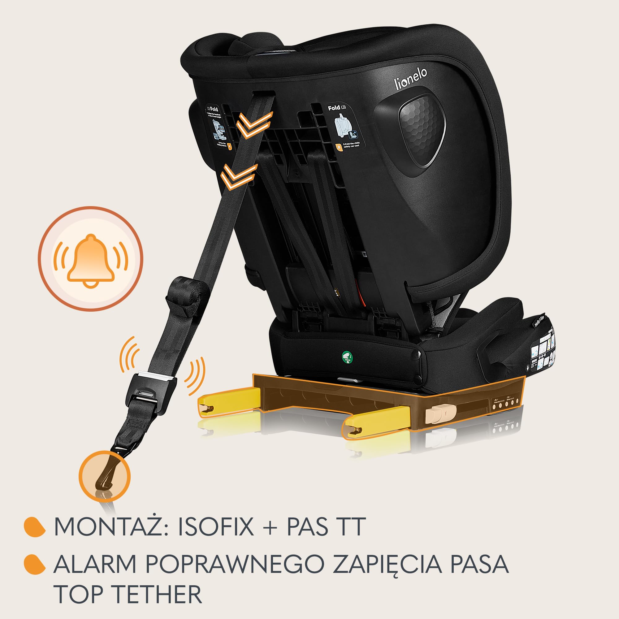 LIONELO Składany fotelik samochodowy Nelly I-Size z ISOFIX dla dzieci ok. 76-150 cm, ochrona boczna paska TT, skierowany do przodu i do tyłu, regulowany zagłówek i oparcie (czarny, 50 x 45 x 58 cm)