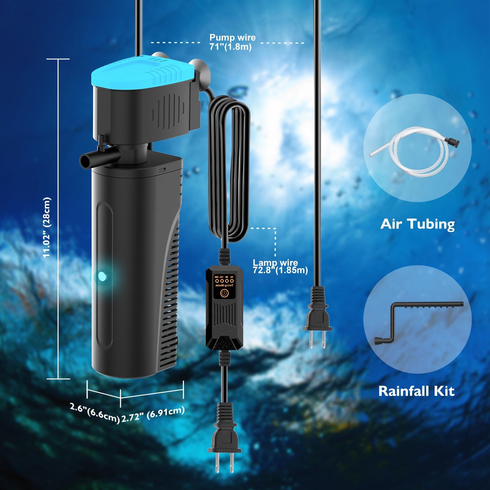 U - V Filtro de acuario con temporizador (3/6/12/24 horas) para limpieza de agua verde, filtro de tanque de peces con modo de aireación y lluvia, filtro de tortuga con esponja de filtro