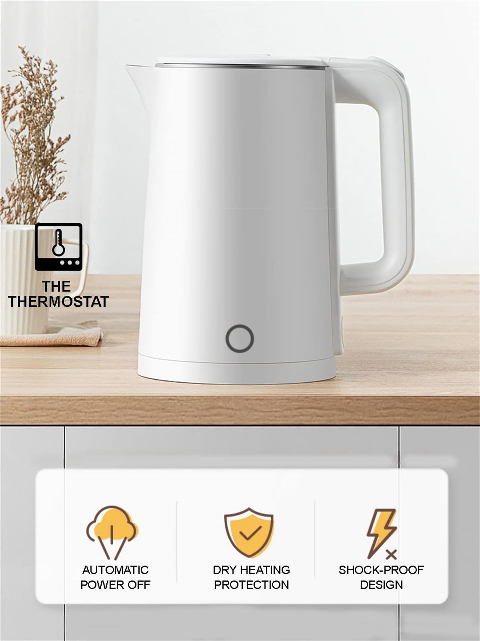 Hervidor de agua eléctrico de acero inoxidable 304, ebullición rápida, apagado automático, protección contra ebullición en seco, hervidor de café, 2 min, 1500 W, blanco, 2,3 L
