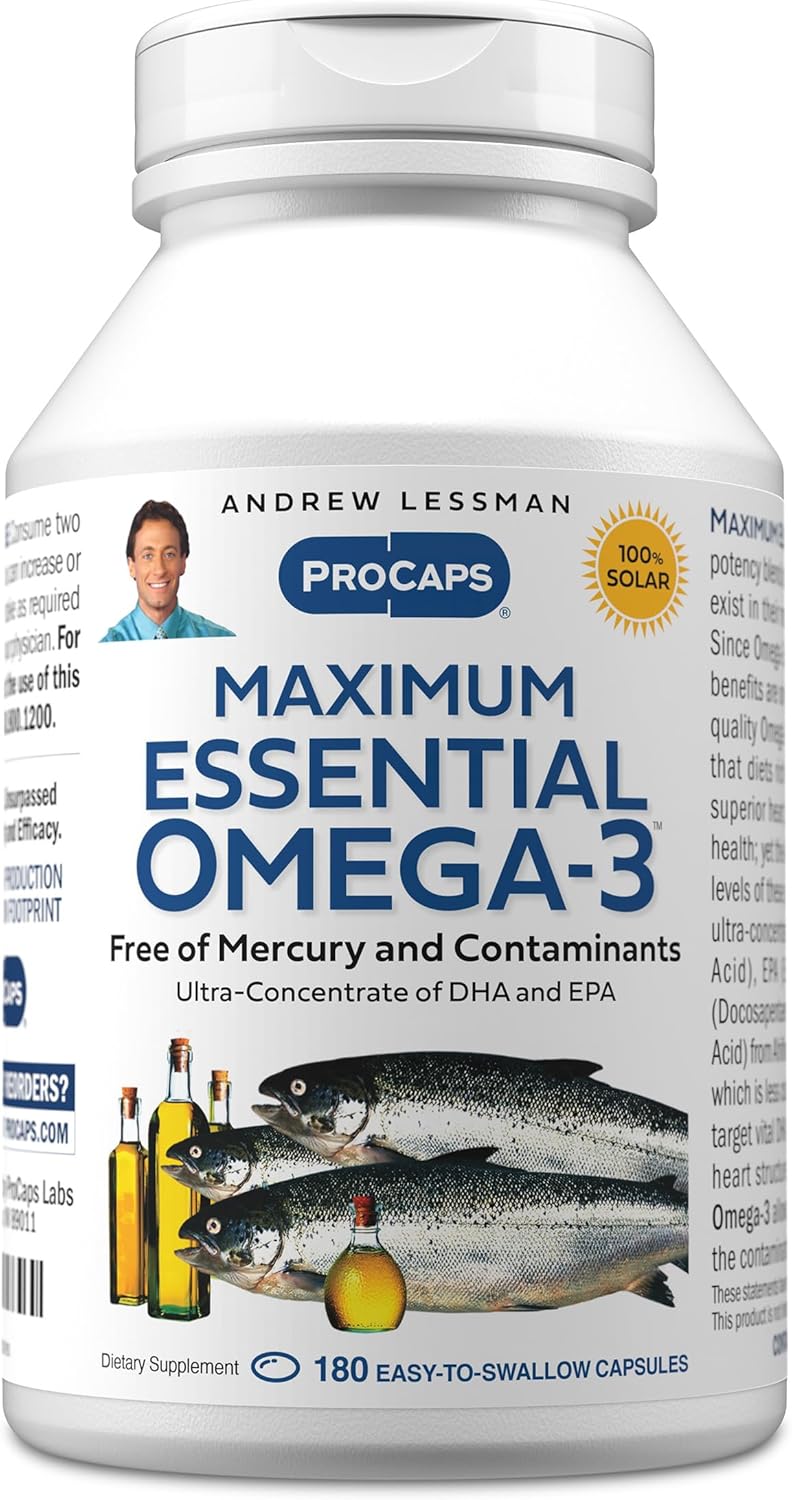 ANDREW LESSMAN Maximum Essential Omega-3 Unflavored, 180 Softgels - Ultra-Pure Omega-3 Fish Oil 1200 mg-High DHA, No Mercury Supplement-Small, Easy to Swallow Fish Oil Capsules
