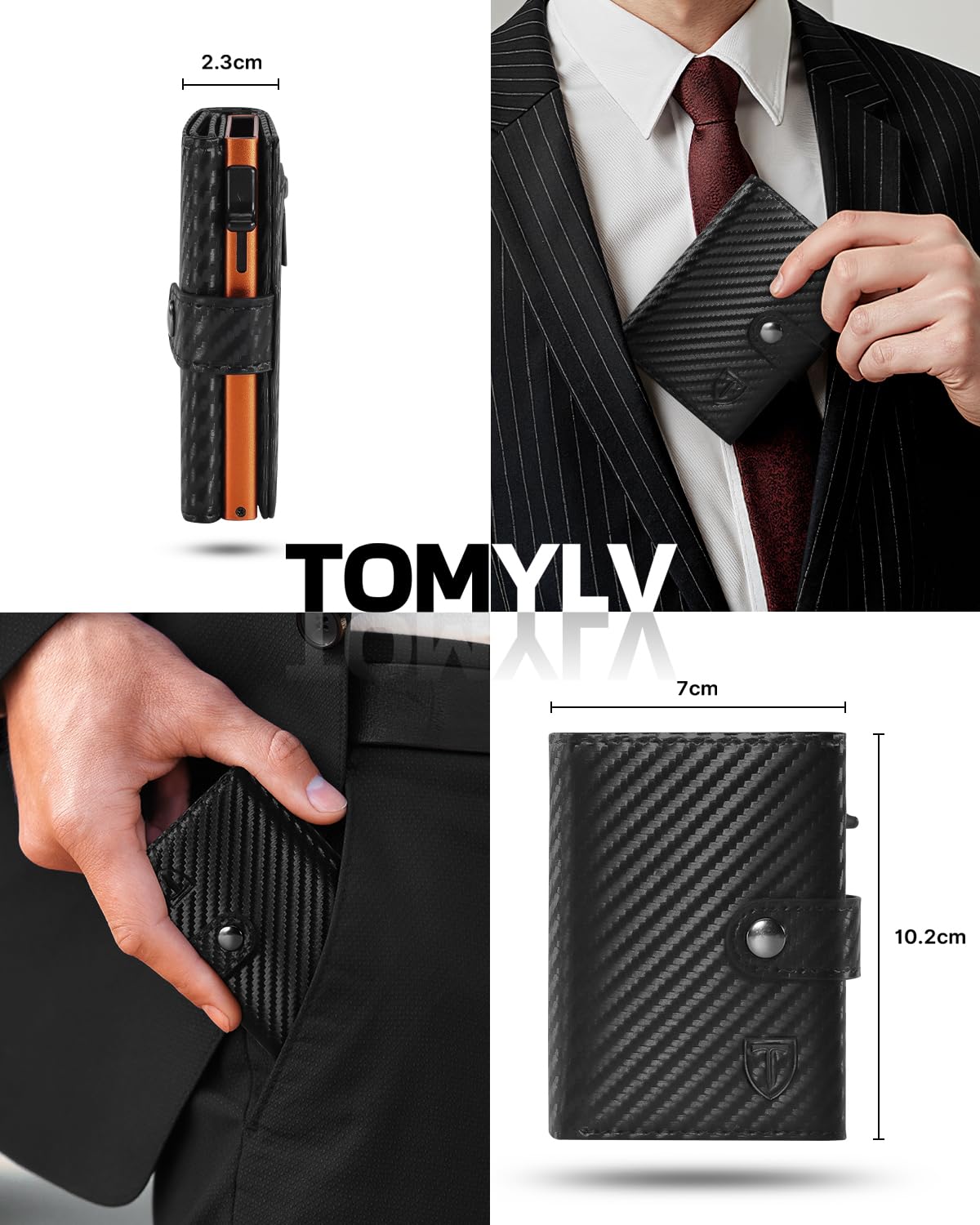 Tomylv Portafoglio Uomo Slim RFID Blocking, Fibra di Carbonio Porta Carte di Credito Uomo - ID Window, Tasca Portamonete con Cerniera, Scomparto per Banconota, Confezione Regalo - Nero Arancione