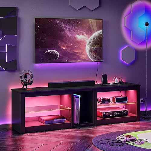 Bestier TV Stand for 70 inch TV with Power Outlets, LED Entertainment Center for PS5, Gaming TV Consoles with Glass Shelves for Living Room, 63'' Inch, Black Carbon Fiber