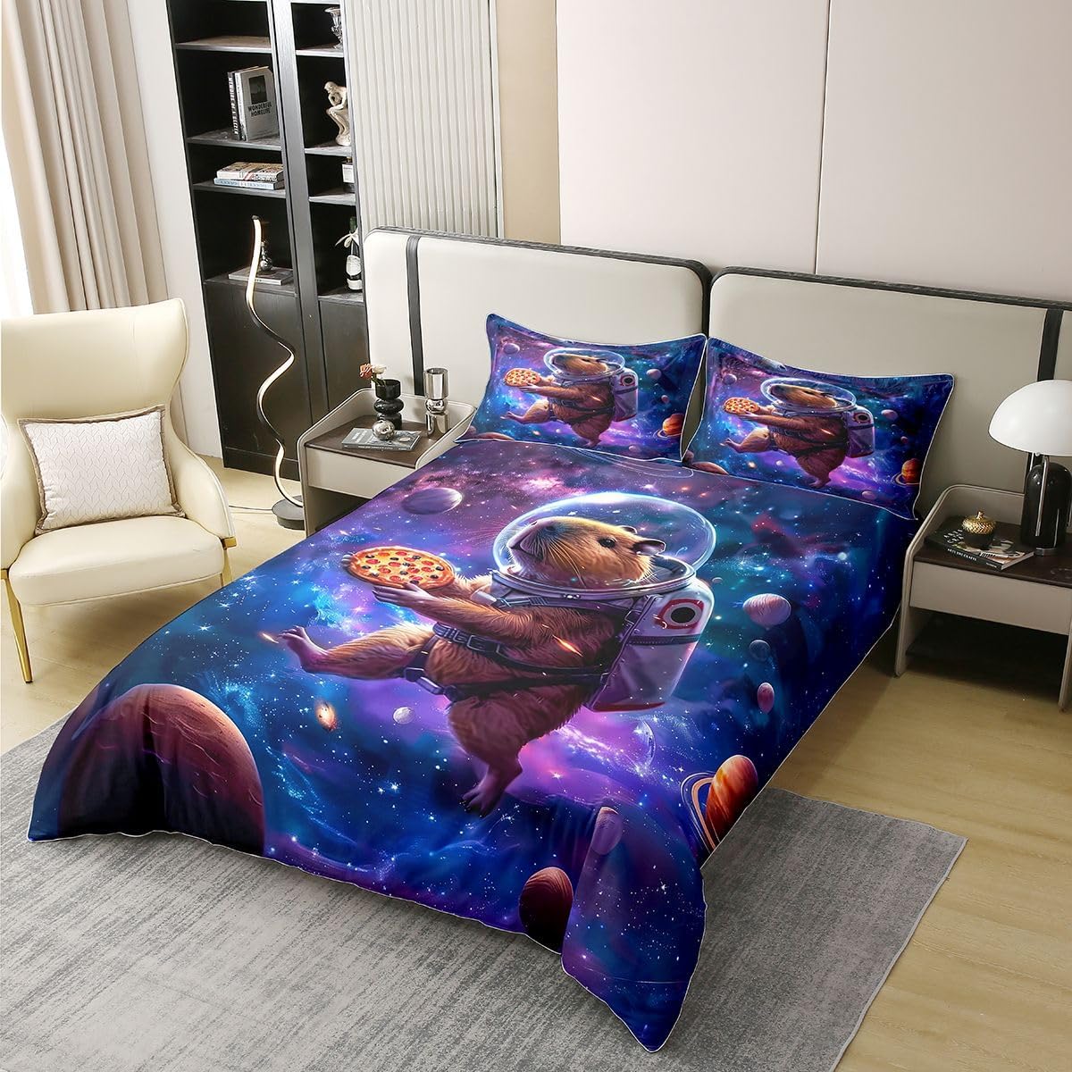 Erosebridal Astronaut Capybara Twin Bedding Set - Outer Space Themed Universe 100% Cotton Duvet Cover for Kids Boys Girls, Planet Galaxy Bed Set, Cute Animal Print Comforter Cover Room Decor