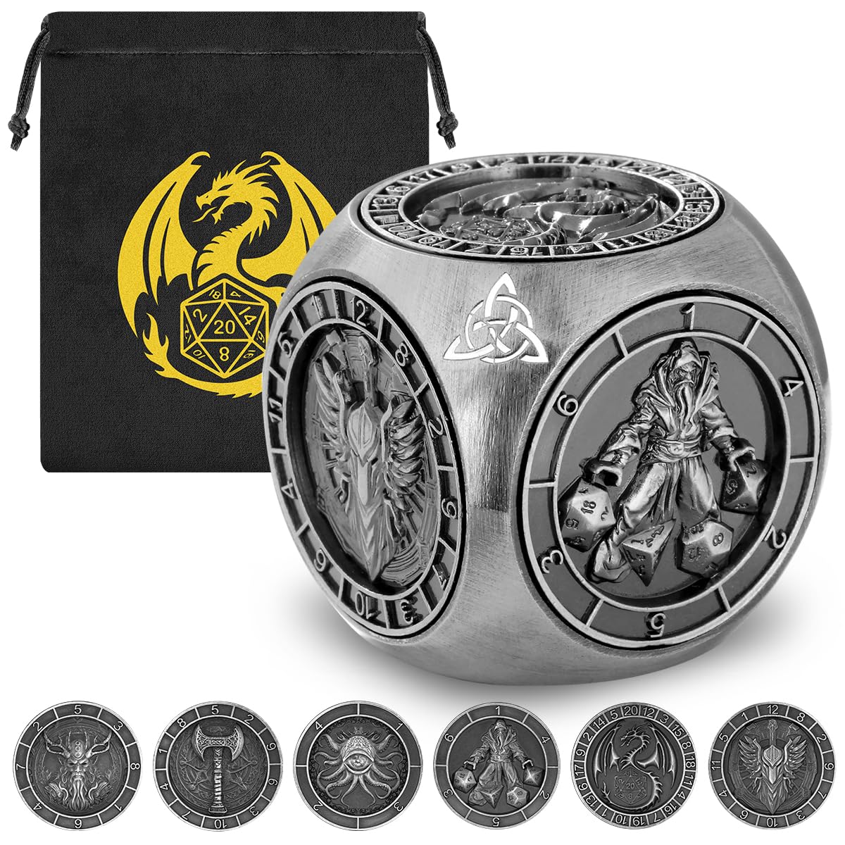 DND Fingertip Spinner Dice, 7-in-1 Metal Dice Set including 3D Pattern, Polyhedral Rotating Game Dice