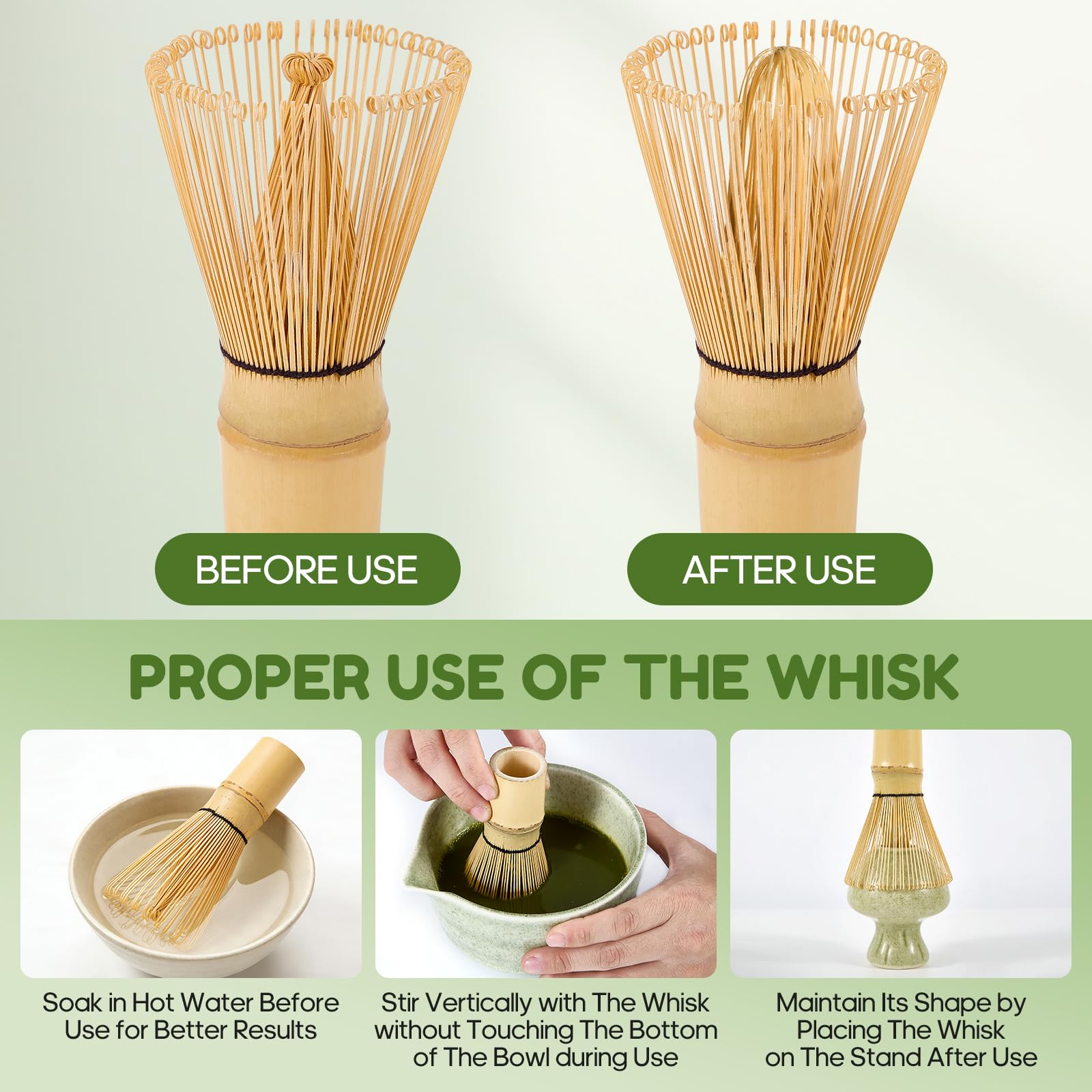 Matcha Kit, 6 Pezzi Set con Frusta per Matcha, Ciotola, 2 Cucchiaio, Setaccio e Supporto in Ceramica per Frusta, Ottimo Regalo Artigianale Tradizionale per gli Amanti del Matcha (Verde)