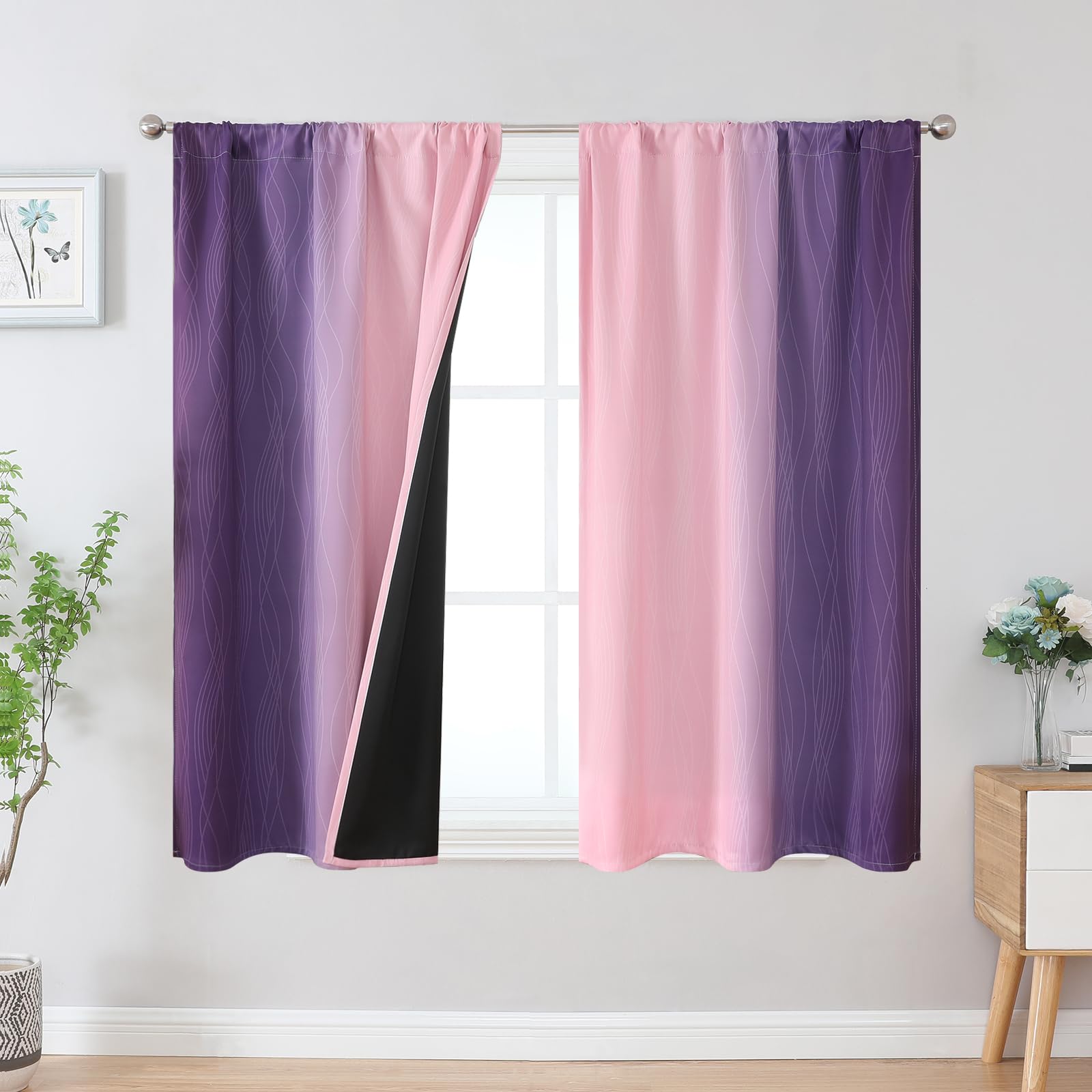 Estelar Textiler Pink and Purple Blackout Curtains 45 Inch Length, Light Blocking Gradient Drapes for Kitchen, Thermal Insulated Rod Pocket Ombre