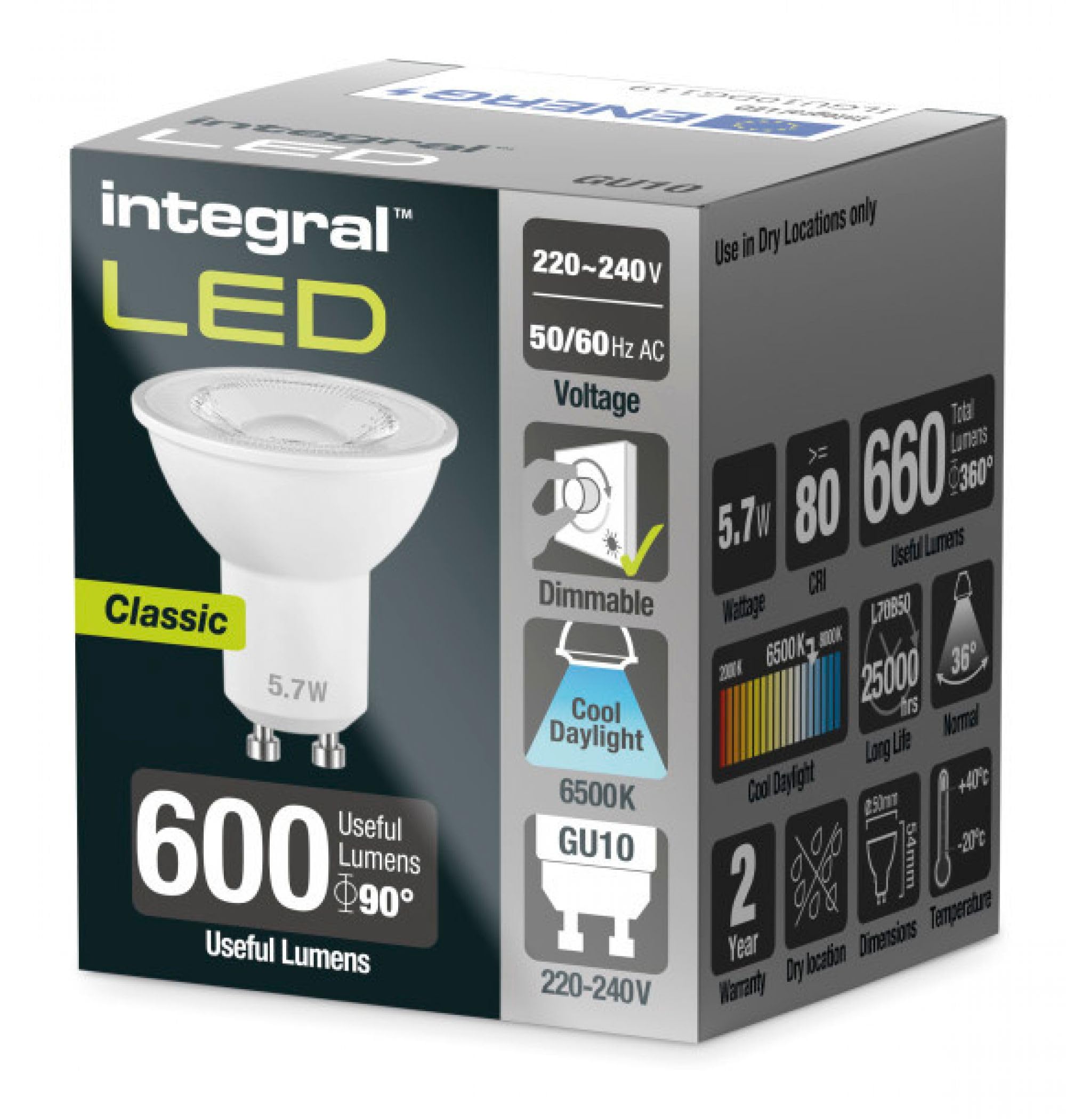 Integral ILGU10DG119 6w GU10 LED spot Bulb, 6500k, dimmable, 36° Beam, 640lm =75w, Clear, 54mm x 50mm - Image 3