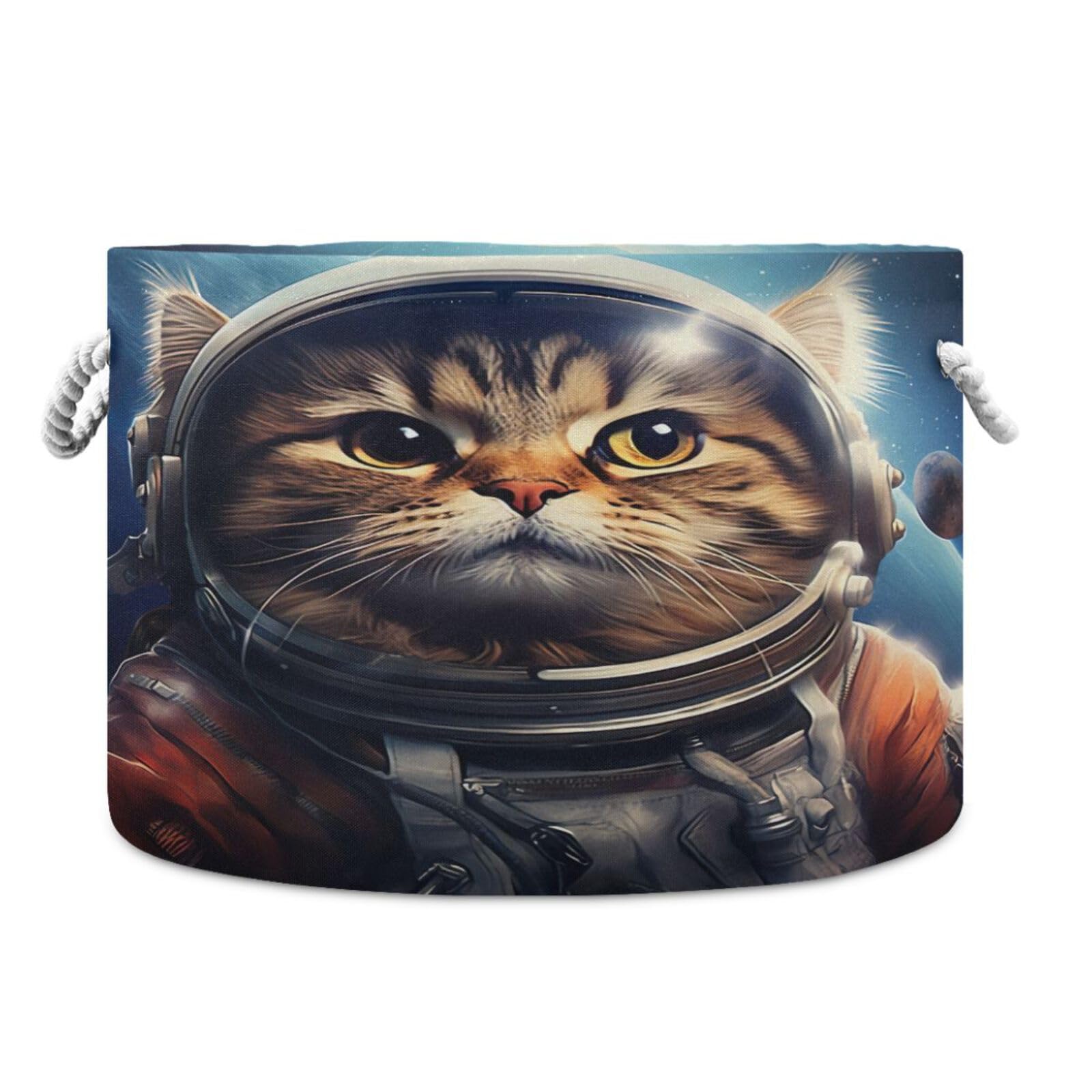 Round Space Astronaut Cat Funny Storage Basket Large Organizer Bin Laundry Hamper Toy Storage Basket with Handle for Nursery Clothes Toys 202b4770