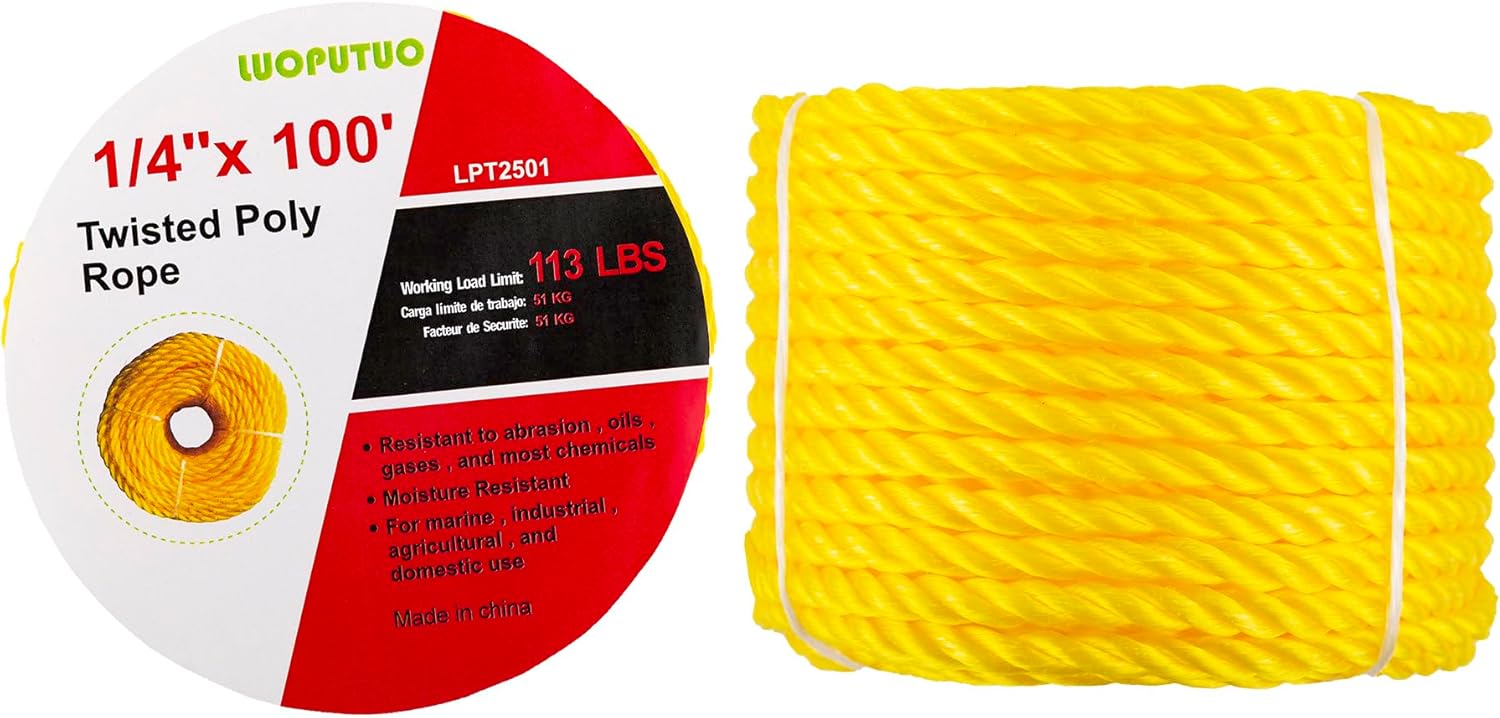 1/4 Inch ×600FT Yellow Twisted Polypropylene Rope, Resistant to Oil, Resists Moisture and Chemicals - Antislip, Easy Knot, Flexible, Floats, Strong, Stretch Resistant