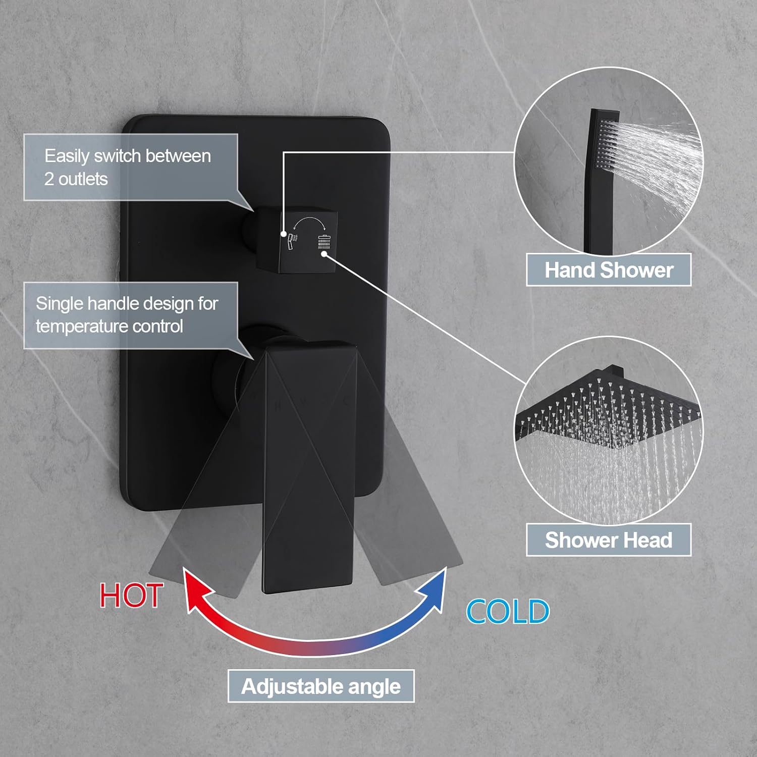 HAMOLER 2機能シャワーバルブデュアル機能シャワーバルブダイバーターキット、マットブラック。