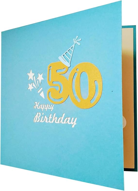 iGifts And Cards 3D 50th Birthday Pop Up Card Blue Party Box Surprise with Champagne, Cake & Balloons Fun Celebration Gift for Friends, Coworkers, Husband, Wife 6 x 6 Inch