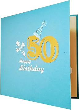 iGifts And Cards 3D 50th Birthday Pop Up Card Blue Party Box Surprise with Champagne, Cake & Balloons Fun Celebration Gift for Friends, Coworkers, Husband, Wife 6 x 6 Inch