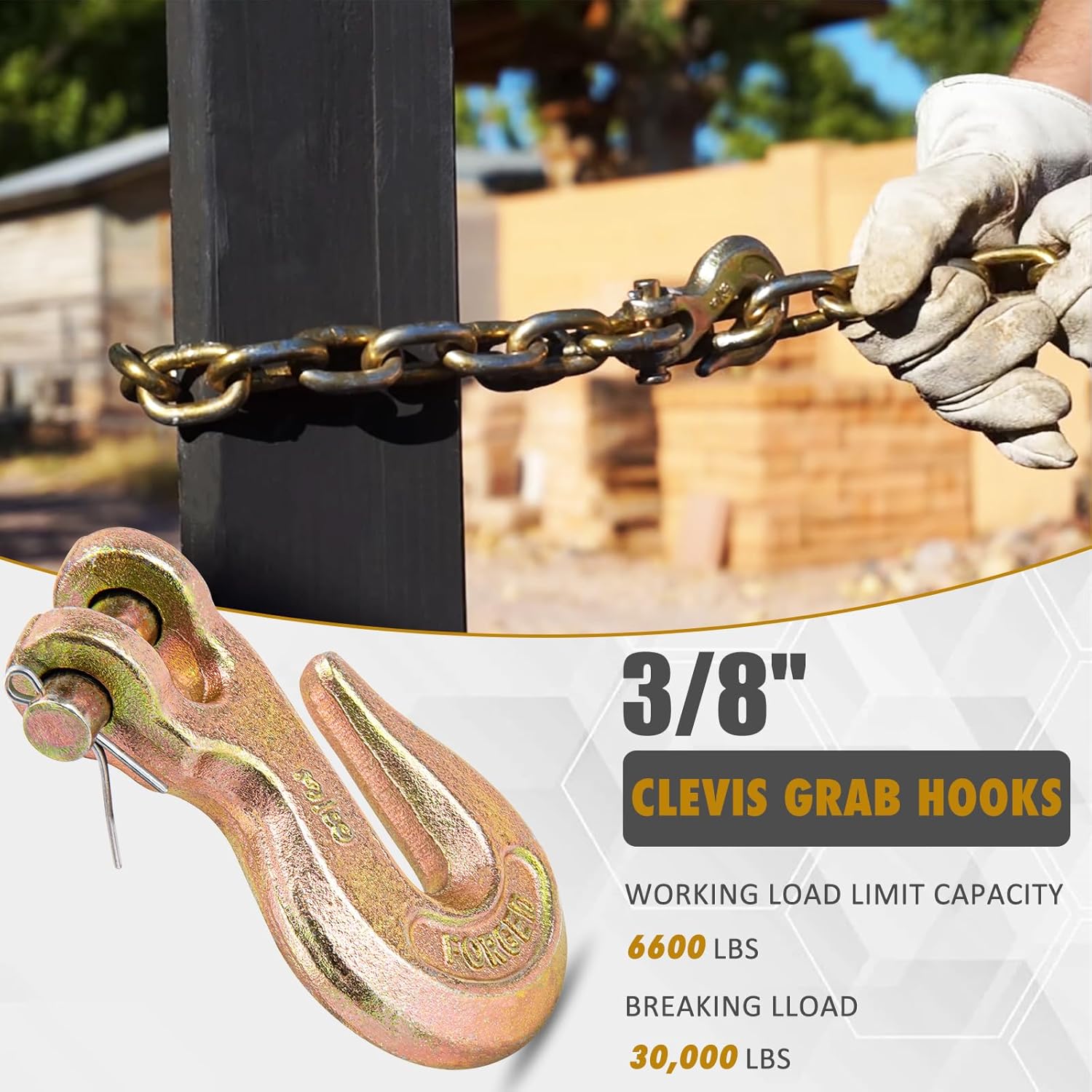 3/8 Chain Hook, Chain Hooks 3/8 Heavy Duty, 6600Lbs G70 Clevis Grab Hook 3/8 Inch for Trailer Truck Tow Chain Transport -Yellow Chromate Finish (4 Pack)