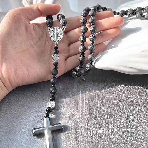 Vista 15 de Tiger Eye Cross Necklace for Men, Obsidian Necklace, Hematite Cross Pendant Lava Rock Rosary Healing Crystal Necklaces