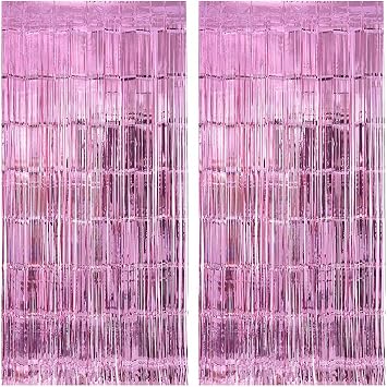 Stafih Foil Fringe Curtains 2PCS 8ft x 3ft Metallic Tinsel Photo Booth Backdrop for Wedding Birthday Bachelorette Christmas Party DecorationsPink