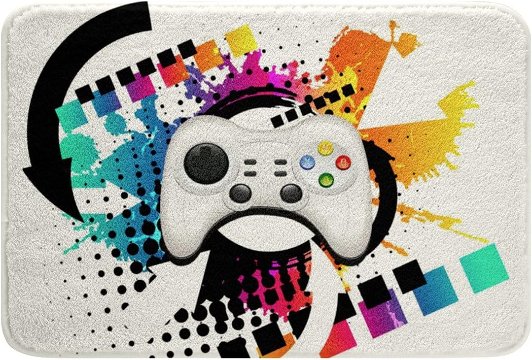Kids Gaming Rug Gamer Door Rug, Modern Console Game Controller Bath Mat for Boys Girls Teens, White Gamepad Carpet, Tie Dye Colorful Door Mat Grey White Soft, Non Slip 20" x 32" Multi 10 20"