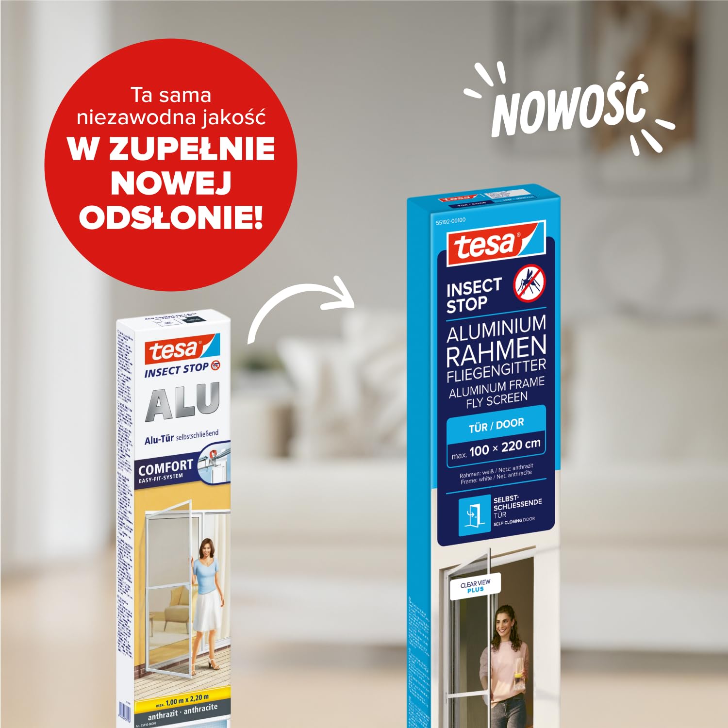 tesa INSECT STOP Aluminium For Doors Frame Fly Screen - siatka z ramą aluminiową, czysty widok, biały - 100 x 220 cm