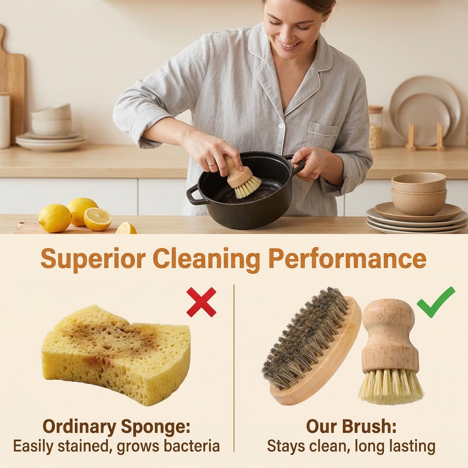 Lot de 2 brosses à légumes en Bois Ergonomique pour Nettoyer Légumes