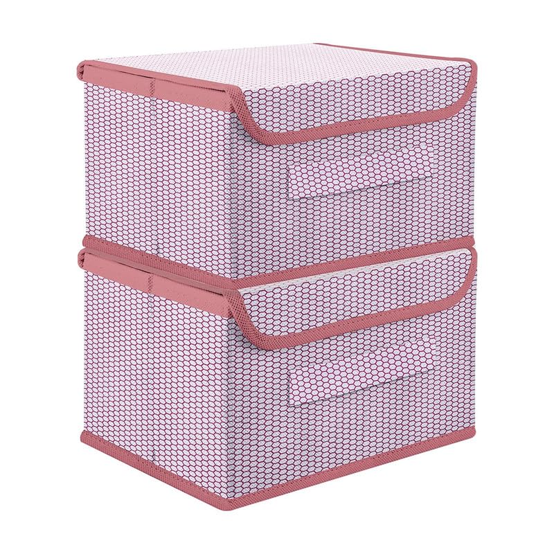 Image of Non Woven Multipurpose Zig Zag Storage Box /Bin With Lid & Side Handle Wardrobe Closet Organizer For Clothes, Toys, Books (Pink, Pack of 2)