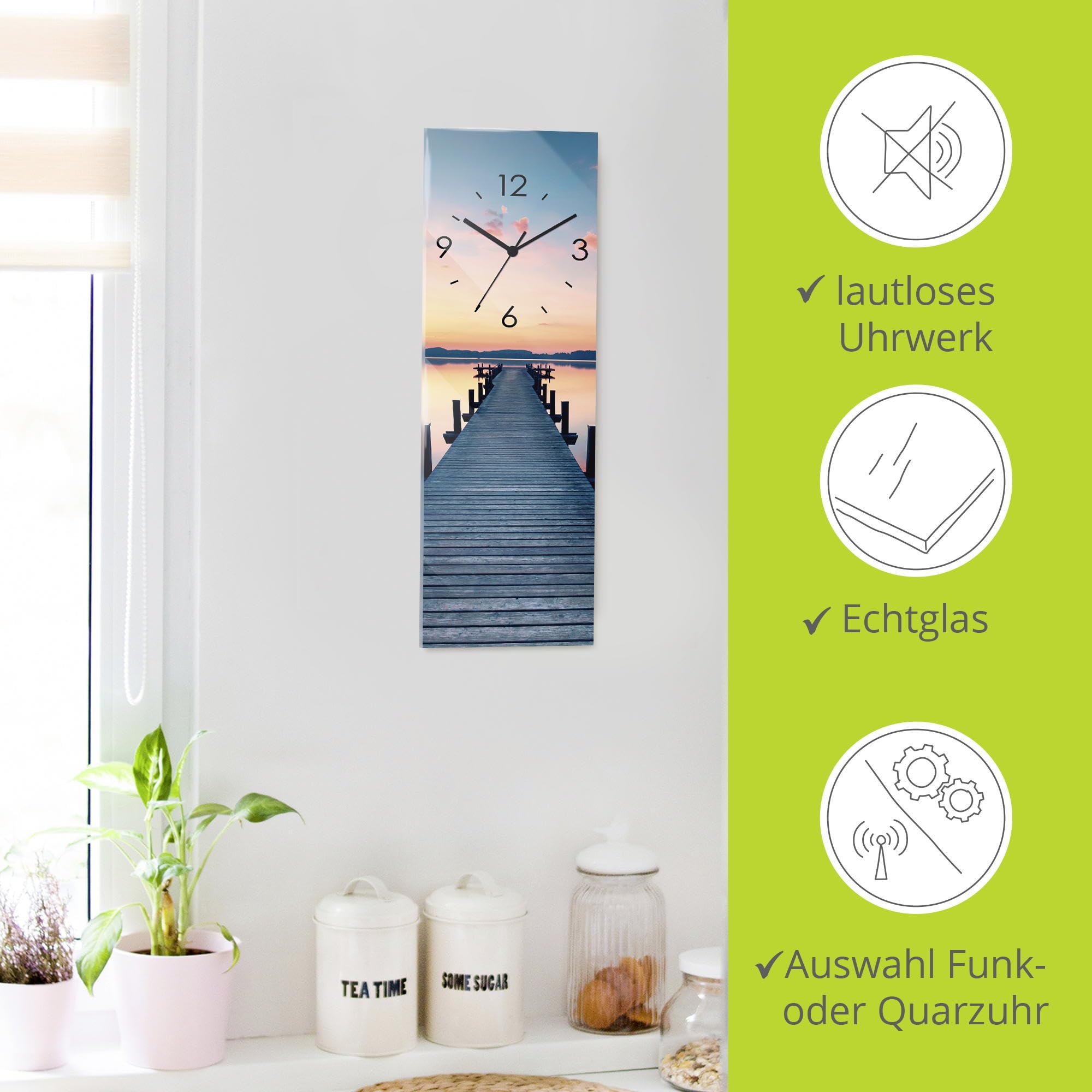 ARTLAND Wanddeko Wanduhr ohne Tickgeräusche Glas Funkuhr 20x60 cm Rechteckig Lautlos Natur See Steg Sonnenaufgang Urlaub Modern T9QL