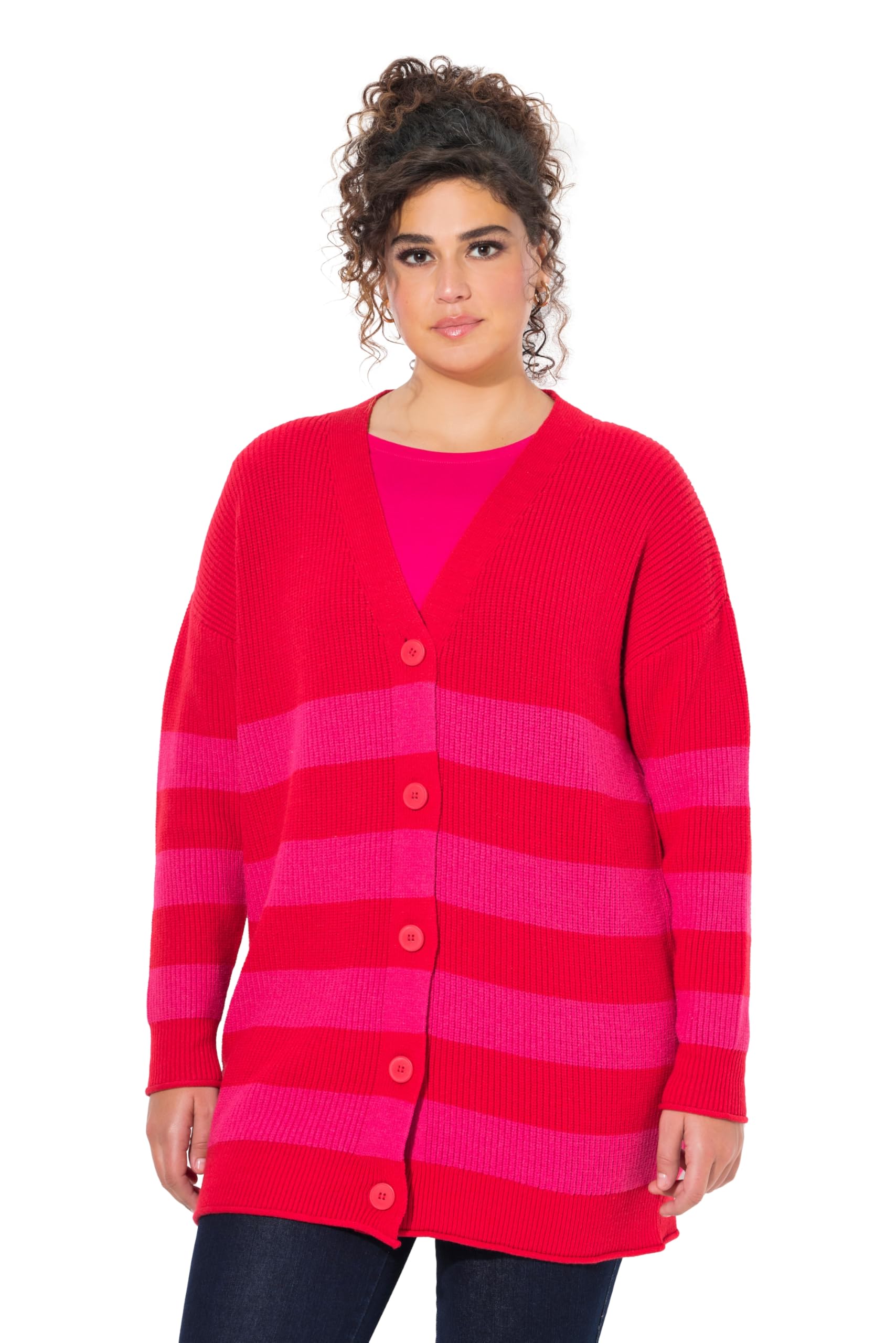 Ulla Popken Damen große Größen Übergrößen Plus Size Strickjacke, Streifen, Boxy, V-Ausschnitt, Rollkanten 834573