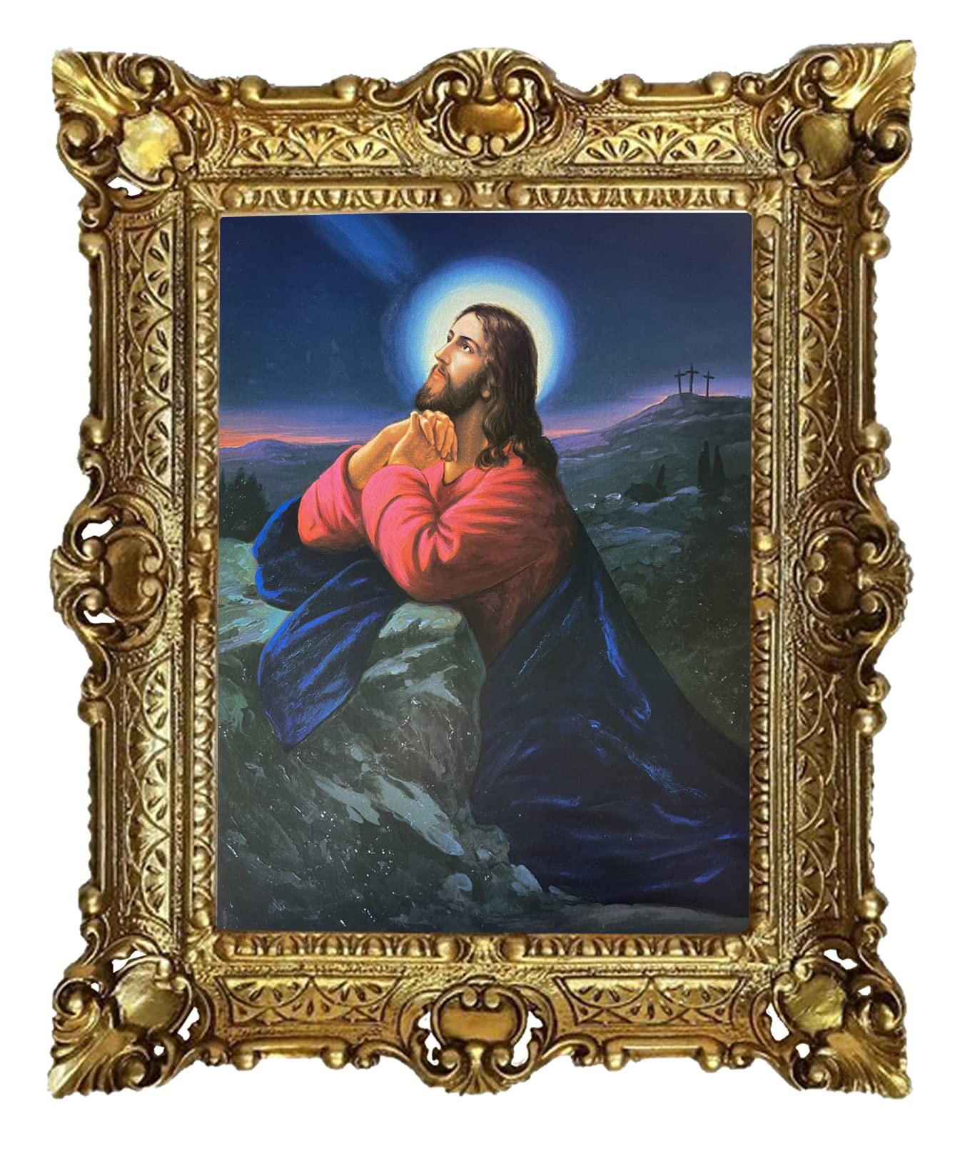 Tableau Mural Jésus Christ Avec Croix Et Cadre Baroque Antique Doré - Décoration Religieuse