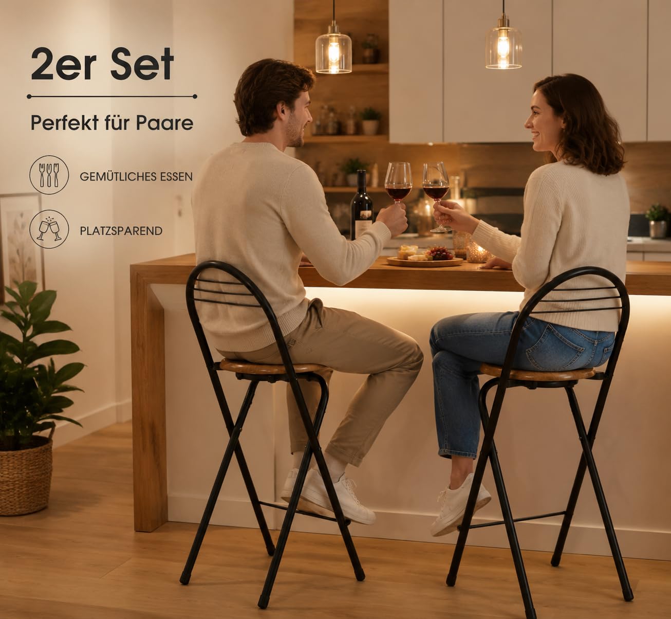 hitsuki Tabouret de Bar Pliant avec Dossier Lot de 2, Tabouret Haut Pliable Gain de Place, 61 cm
