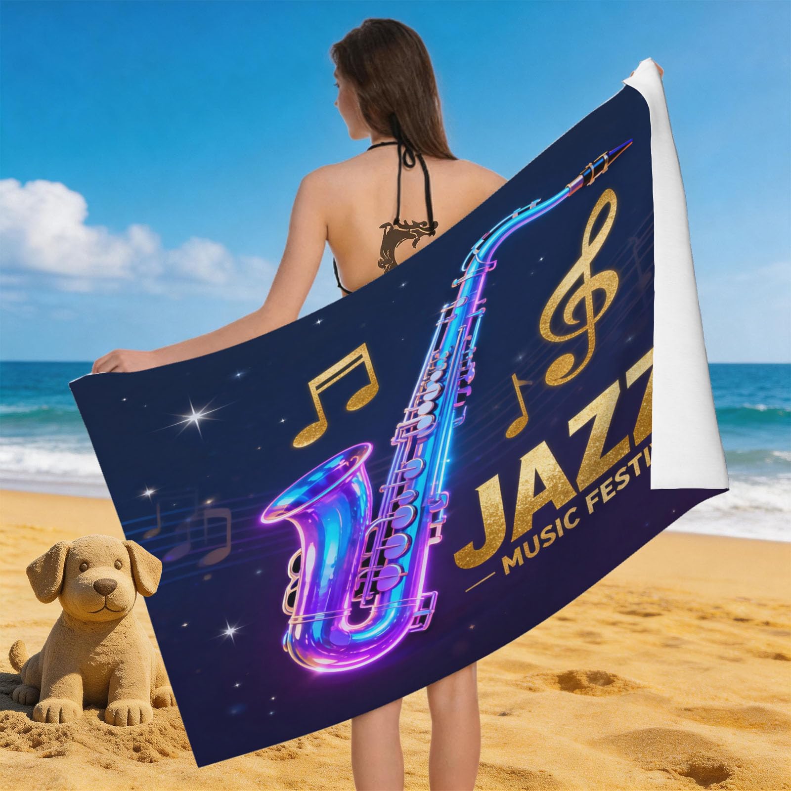 Leichong 3D Cartoon Saxophone Beach Towel Microfiber Soft Quick Dry for Adults, Musical Note Bath Towel Lightweight Soft Absorbent for Travel Swimming Pool Sports, 75 x 150 cm
