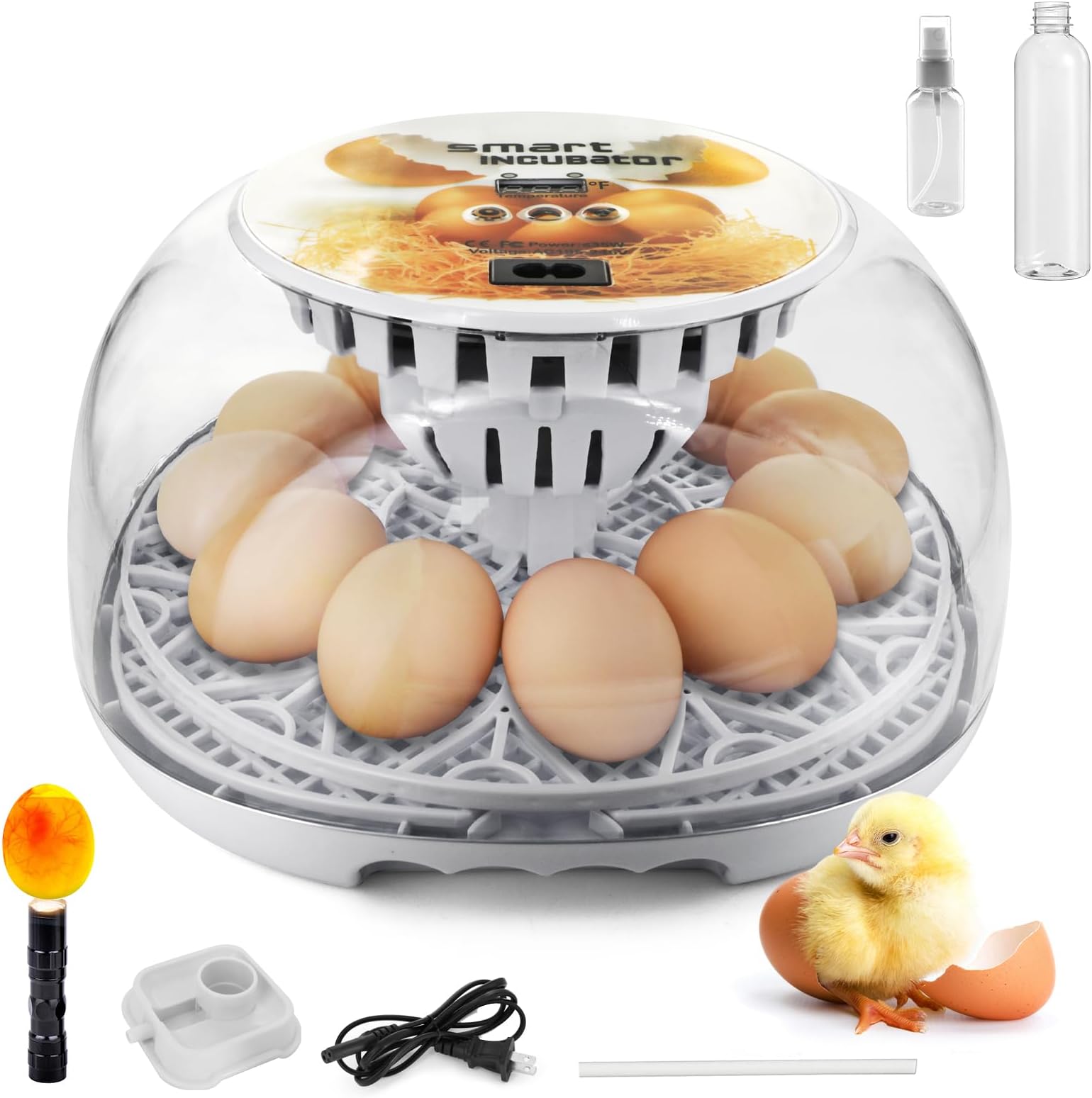 Egg Incubator for Hatching Chicks, Automatic Egg Turner Holds 12 Eggs, Smart Incubator 360° Clear Window with Temperature Display Egg Candler for Small Poultry Chickens Ducks Quails Eggs