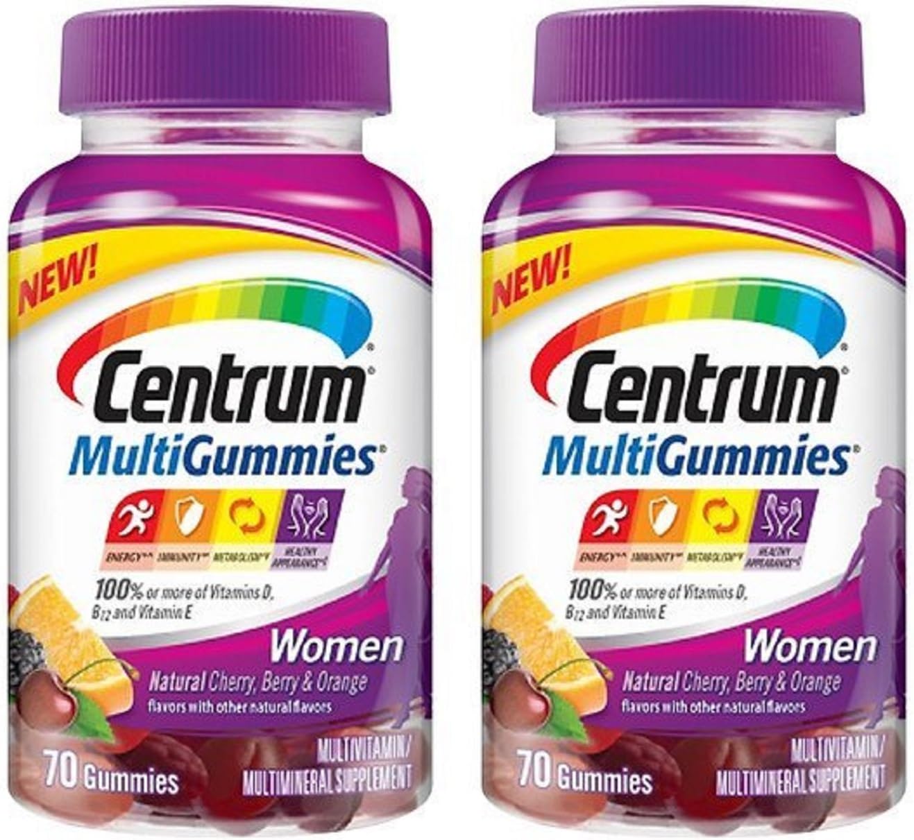 Centrum MultiGummies Multivitamin for Women, Cherry, Berry, Orange, 70 Count (Pack of 2)