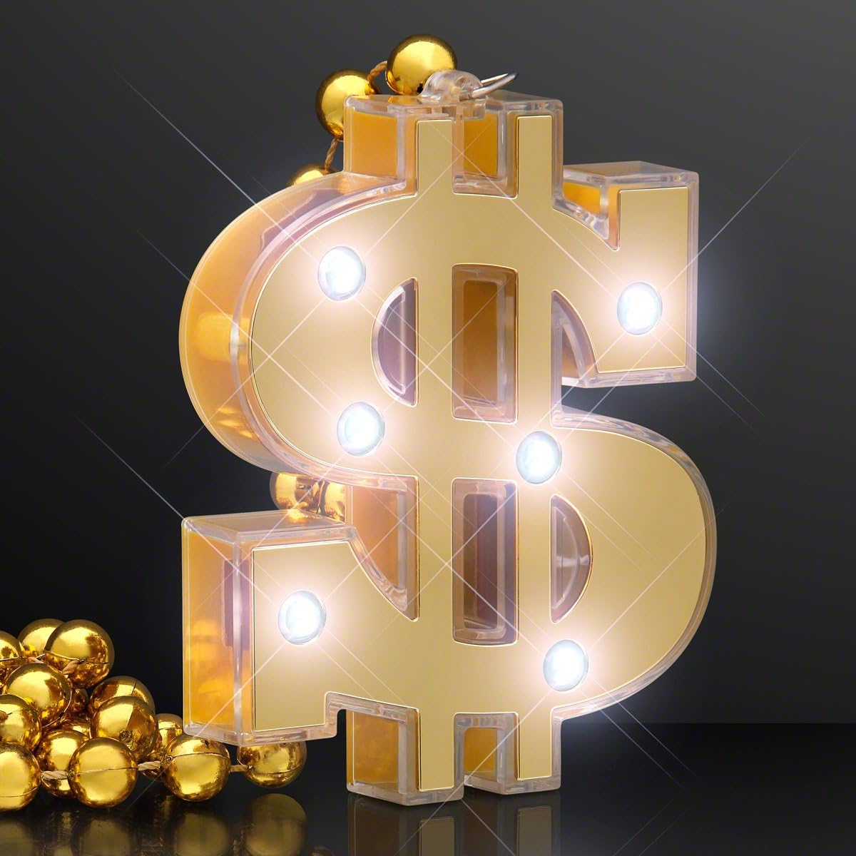 FlashingBlinkyLights Gold Light Up Dollar Sign LED Bling on Gold Mardi Gras Beads Party Necklaces (Set of 12)