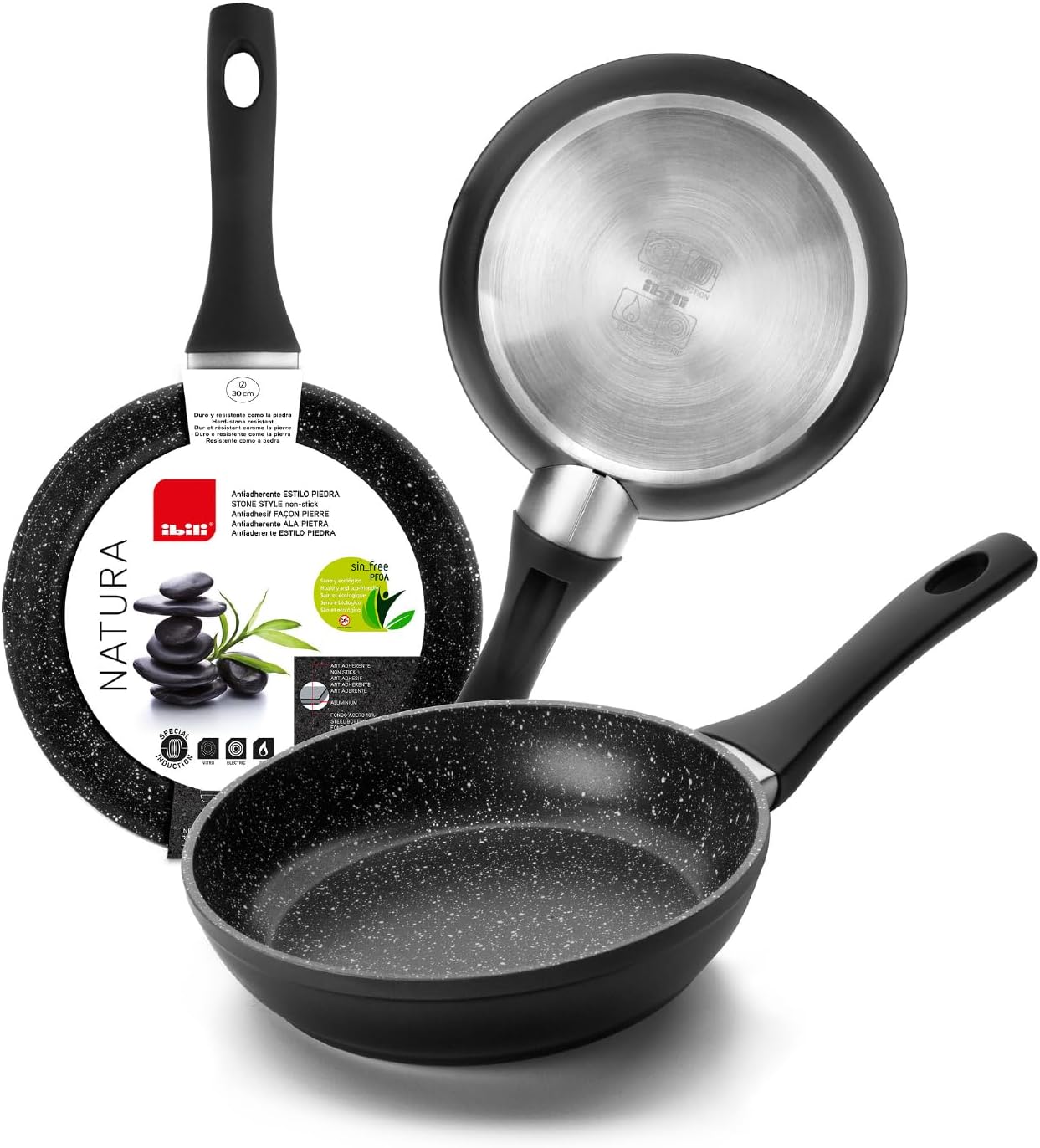 Ibili Professional Natura Non Stick Frying Pans - Made in Spain, Scratch Proof, Chip-Resistant, Double-Layer Pans for Cooking, PFOA Free, Cool Touch Handle, 9.5 Inches