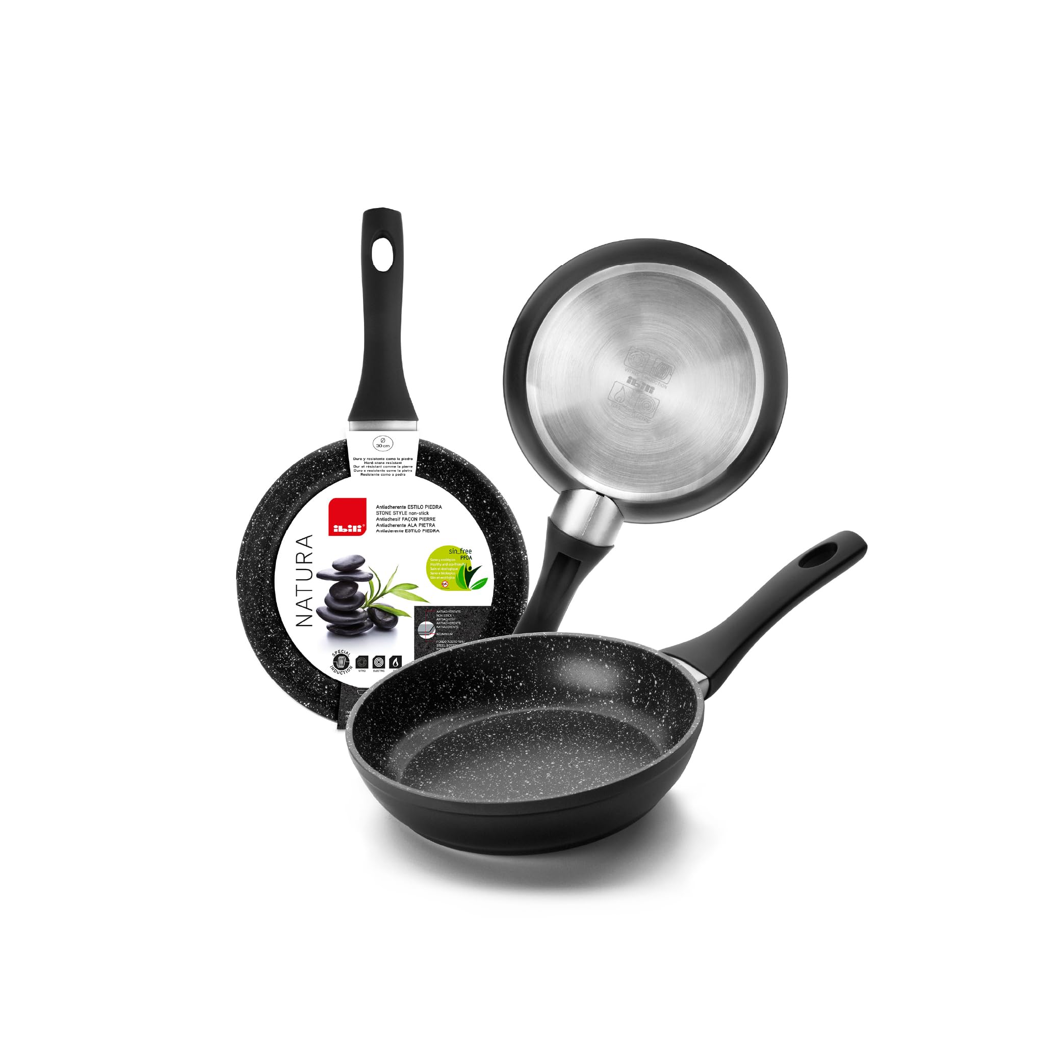 Ibili - Sartén Natura - Aluminio con mango de baquelita soft touch, antiadherente estilo piedra - 16 cm