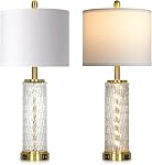 28" Gold Glass Table Lamps Set of 2, Gold Modern Bedside Lamp with LED Night Light, USB A+C, Glass Lamps for Living Room, Bedroom, Nightstand, Office, End Table (2 Bulbs Included)
