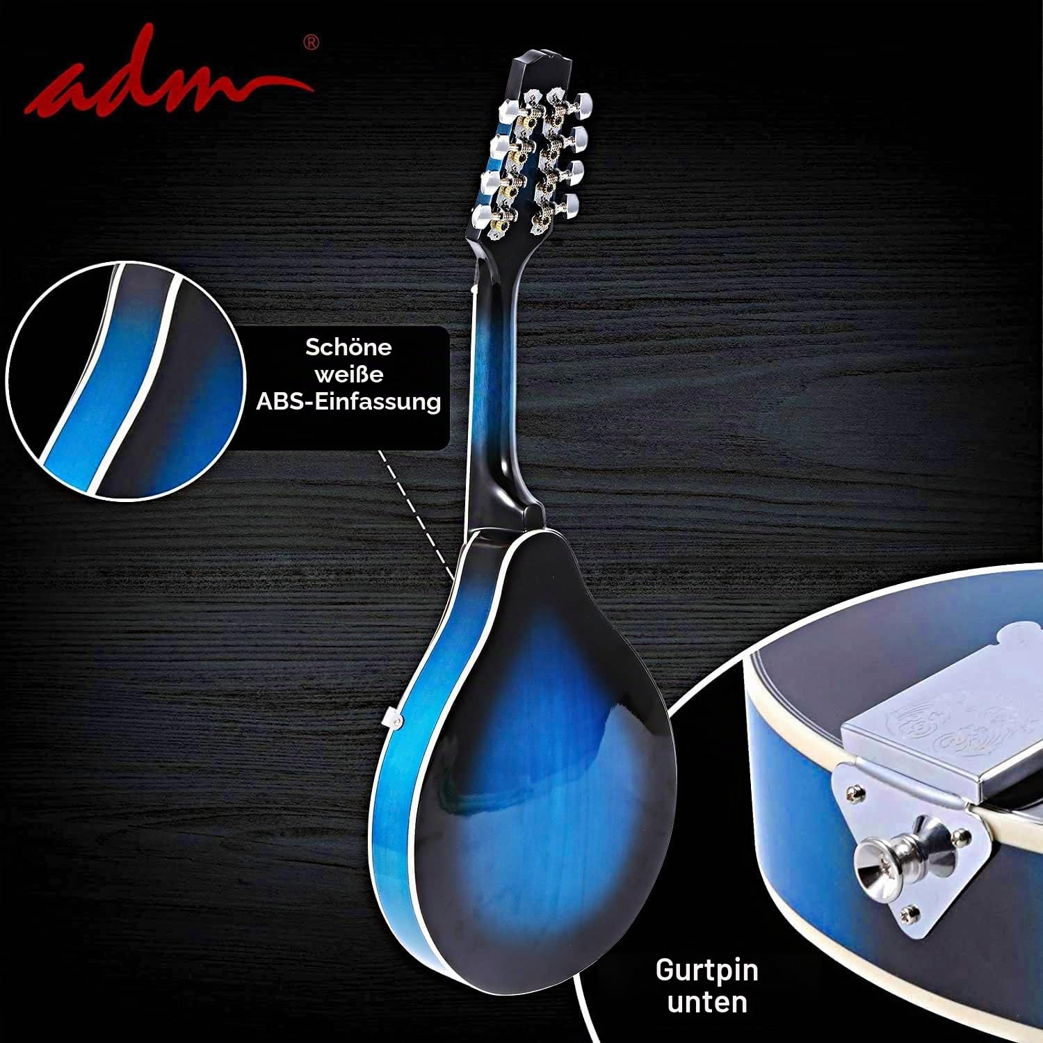 ADM Akustisches Mandolinen-Instrumenten-Set, Musik, A-Stil für Kinder, Studenten, Erwachsene, Holz-Mandolinen, Anfänger-Set mit Tasche, Stimmgerät, EQ, Gurt, Saiten, Plektren und Aufhänger, Blau