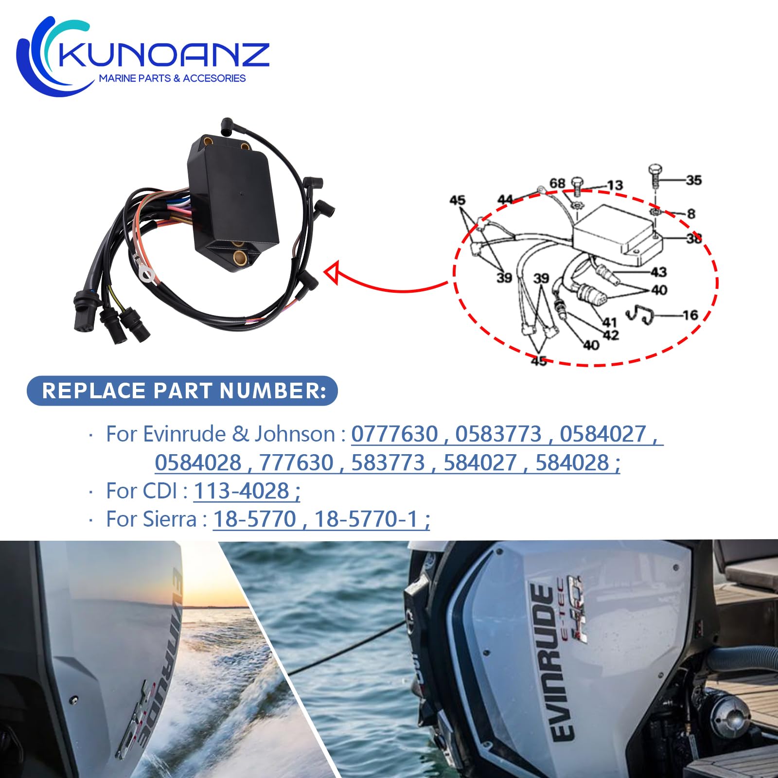 Condition photo showing New/Like New for 113-4028 cdi power pack for johnson evinrude 85-115 hp | fits johnson evinrude 85 88 90 100 110 112 115 hp 4 cylinder outboard engines, replaces 0777630 0583773 0584027 0584028