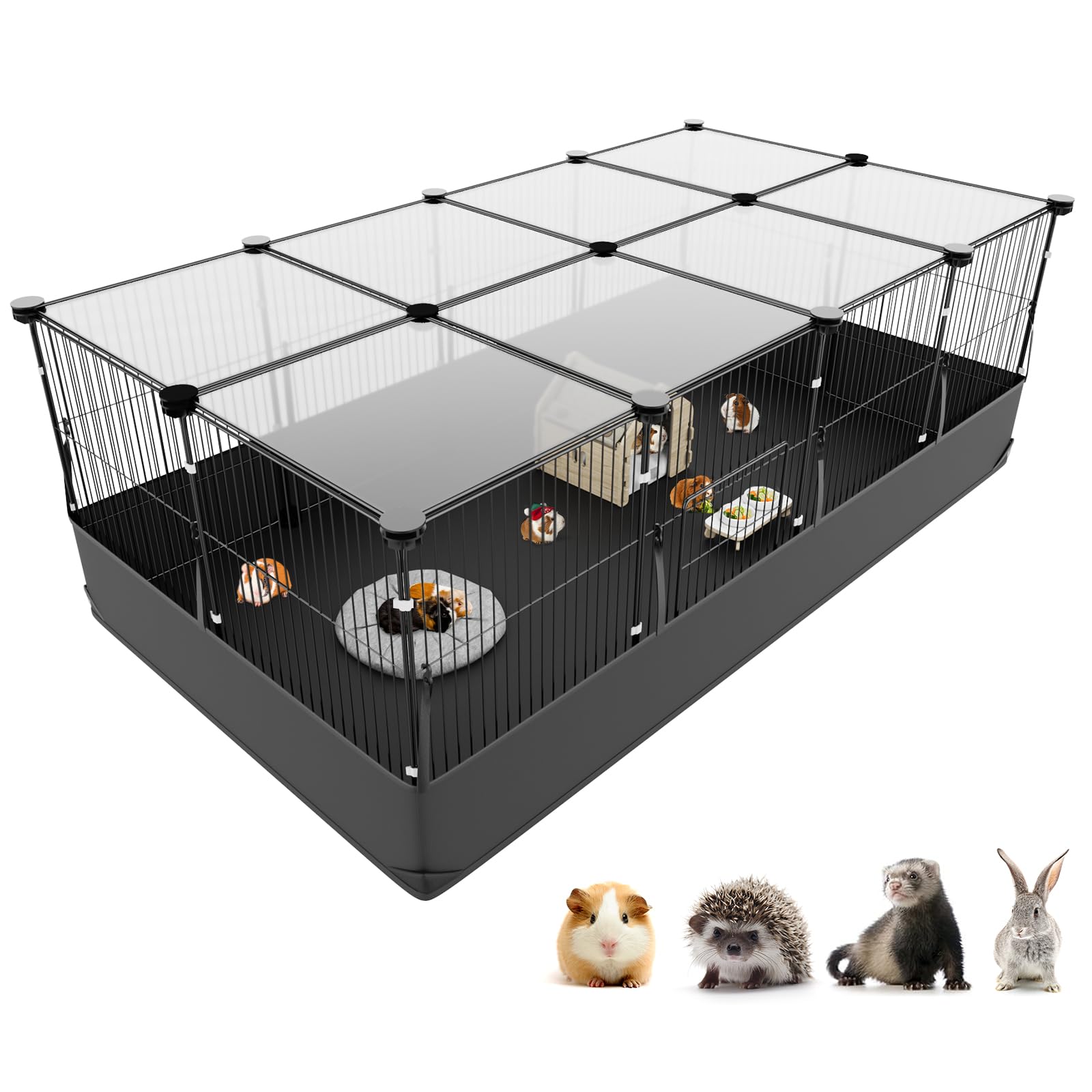 Tresbro Guinea Pig Cage with Top Cover & 12 Panels, Triple Fixing Measures Small Animal Playpen with Waterproof PVC Liner & One-Motion Hooks, 48 x 24 x 16 C&C Grids Cage for Bunny, Hedgehog, Hamster